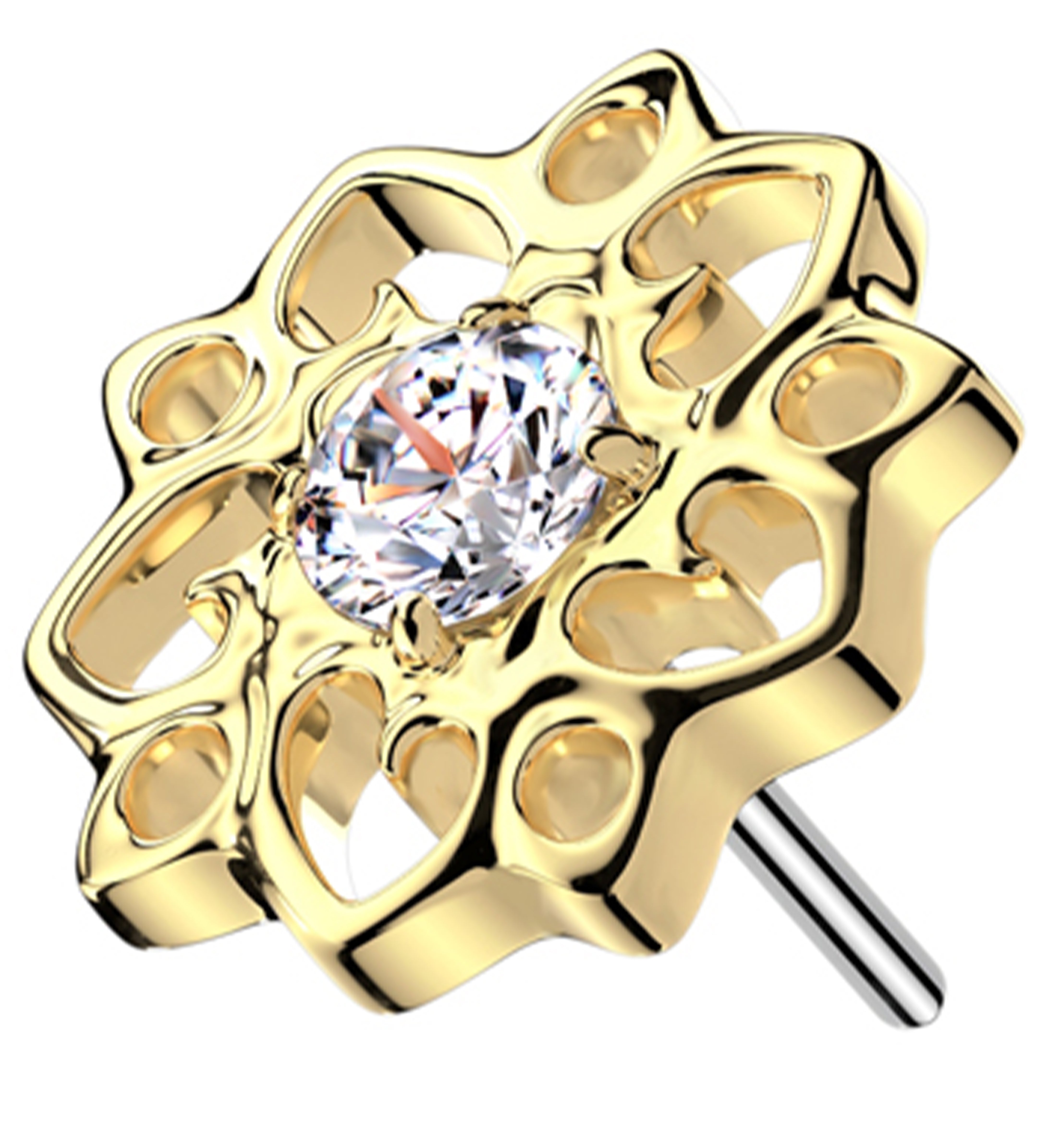 Gold PVD Flower Whimsy Clear CZ Threadless Titanium Top