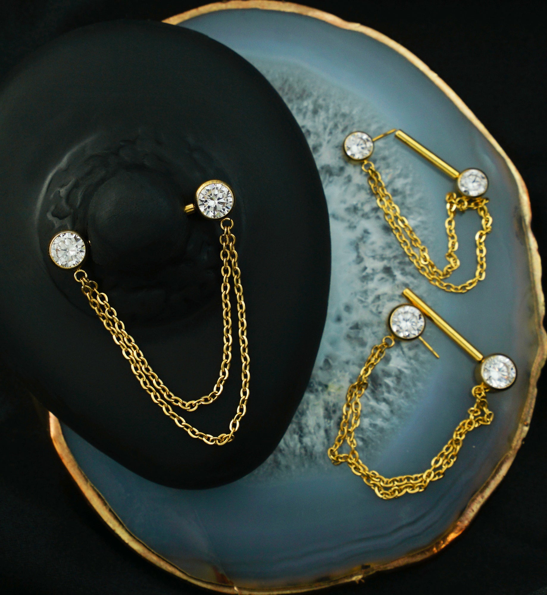 Gold PVD Front Facing Clear CZ Double Dangle Threadless Titanium Nipple Barbell