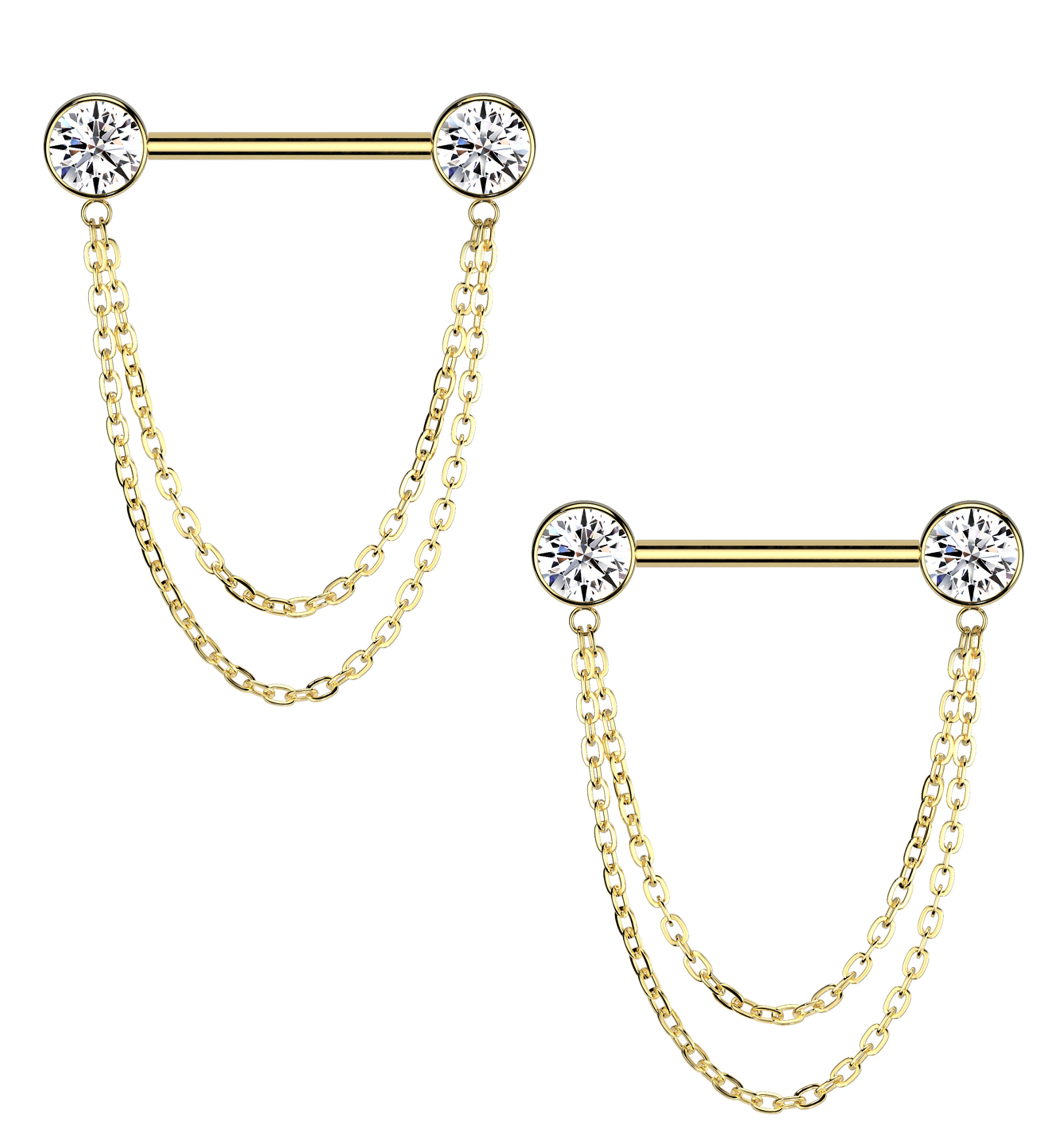Gold PVD Front Facing Clear CZ Double Dangle Threadless Titanium Nipple Barbell