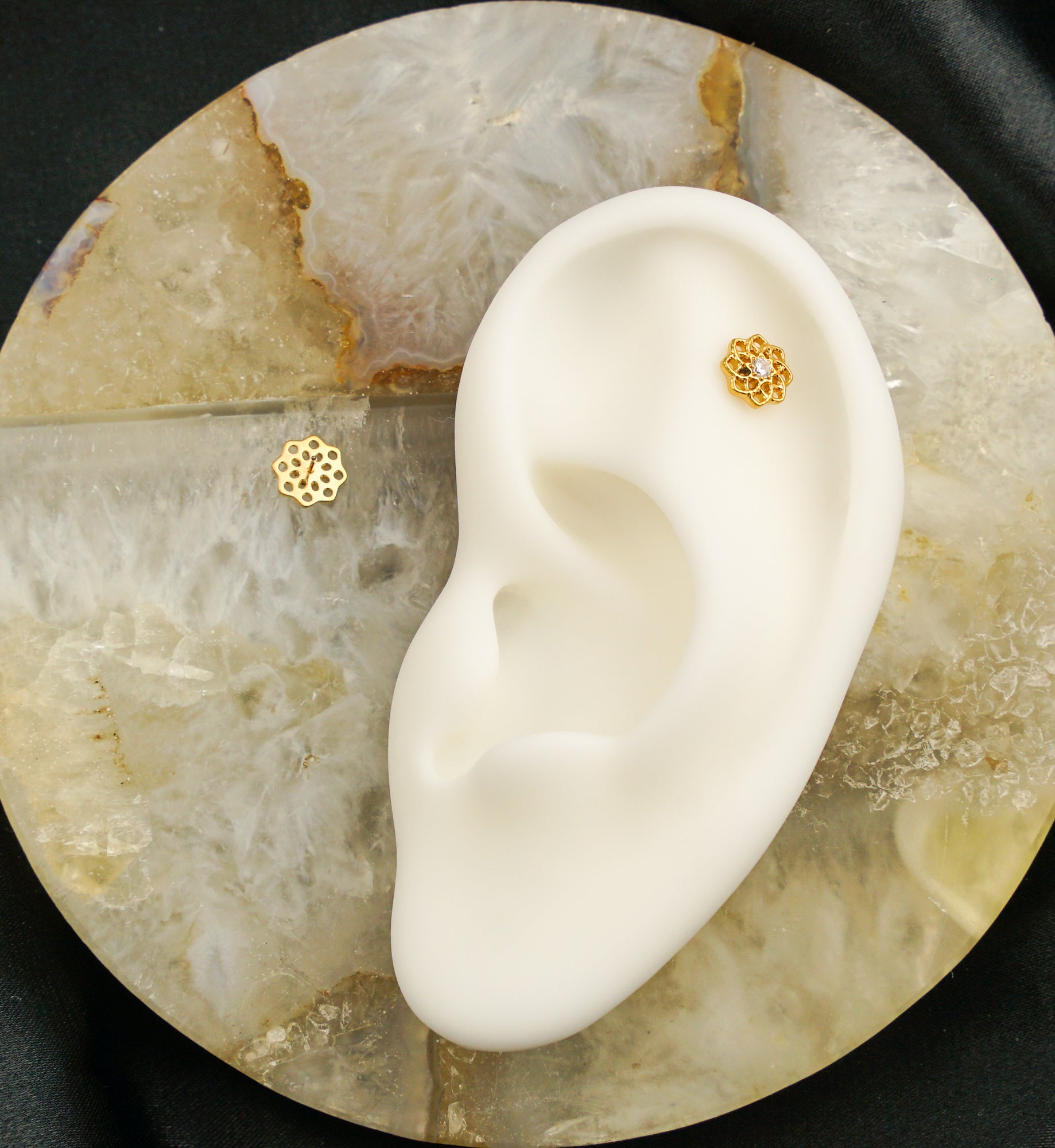 Gold PVD Geo Flower Clear CZ Threadless Titanium Top