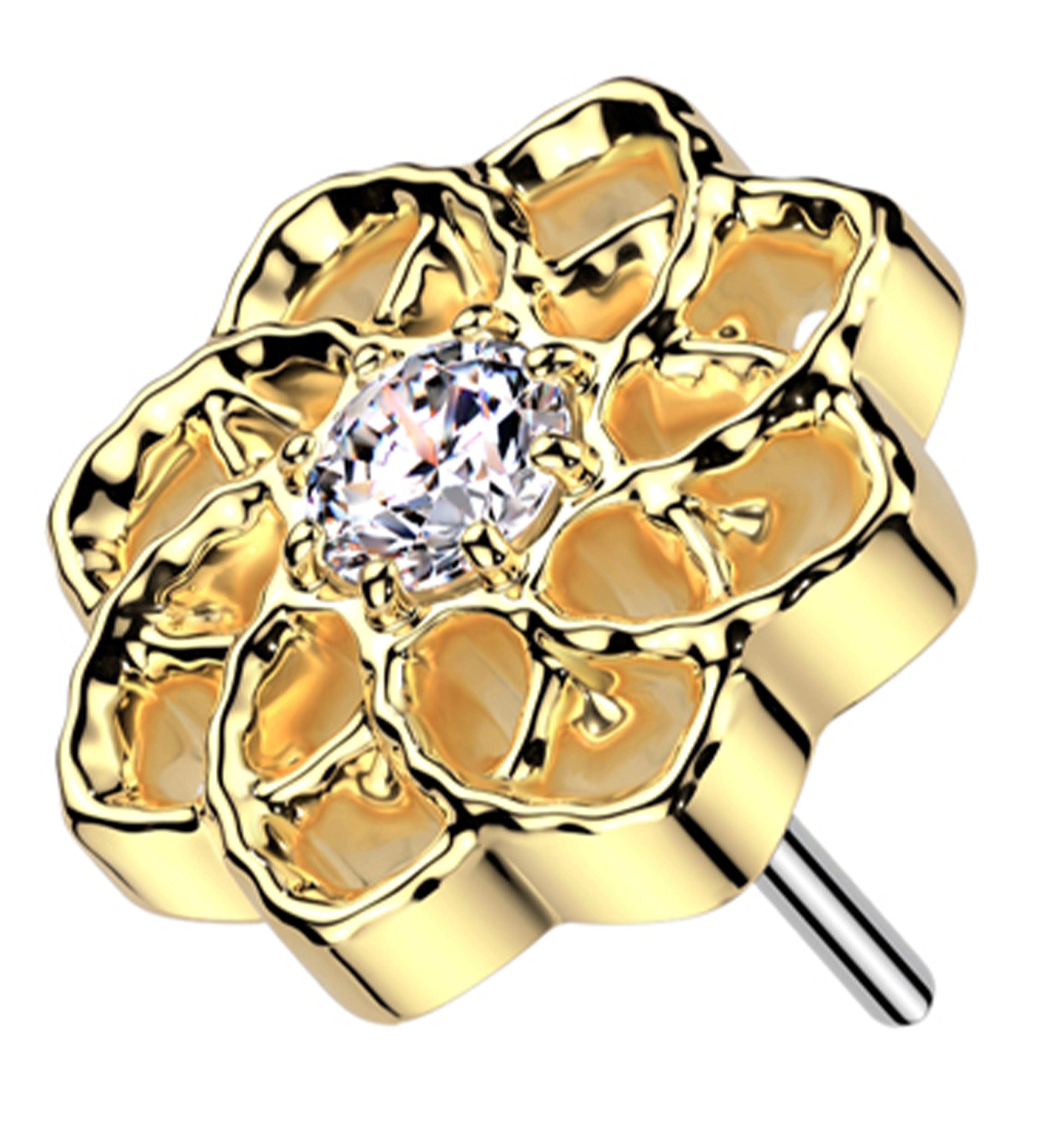 Gold PVD Geo Flower Clear CZ Threadless Titanium Top