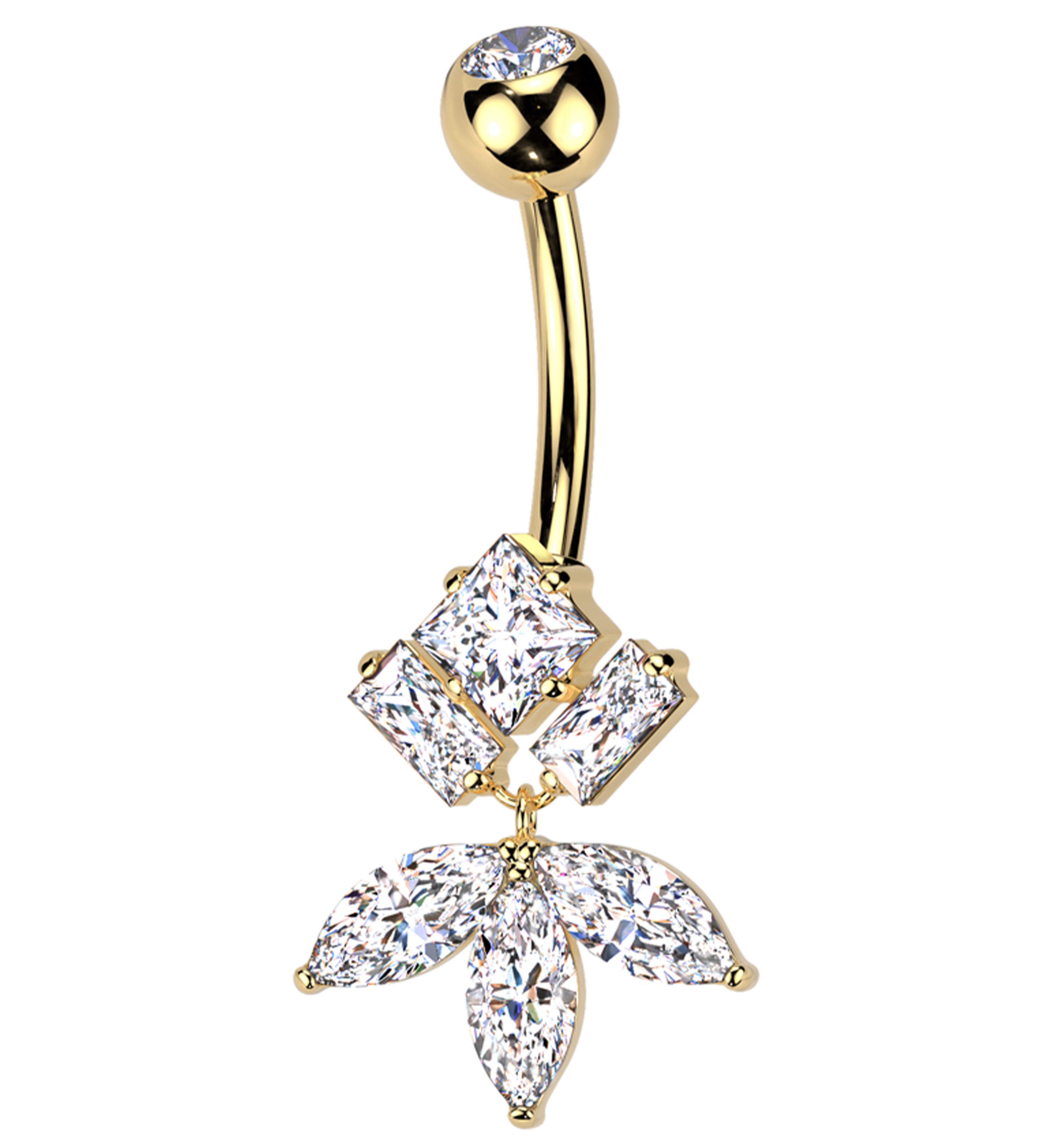 Gold PVD Geometric Dangle Clear CZ Titanium Belly Button Ring