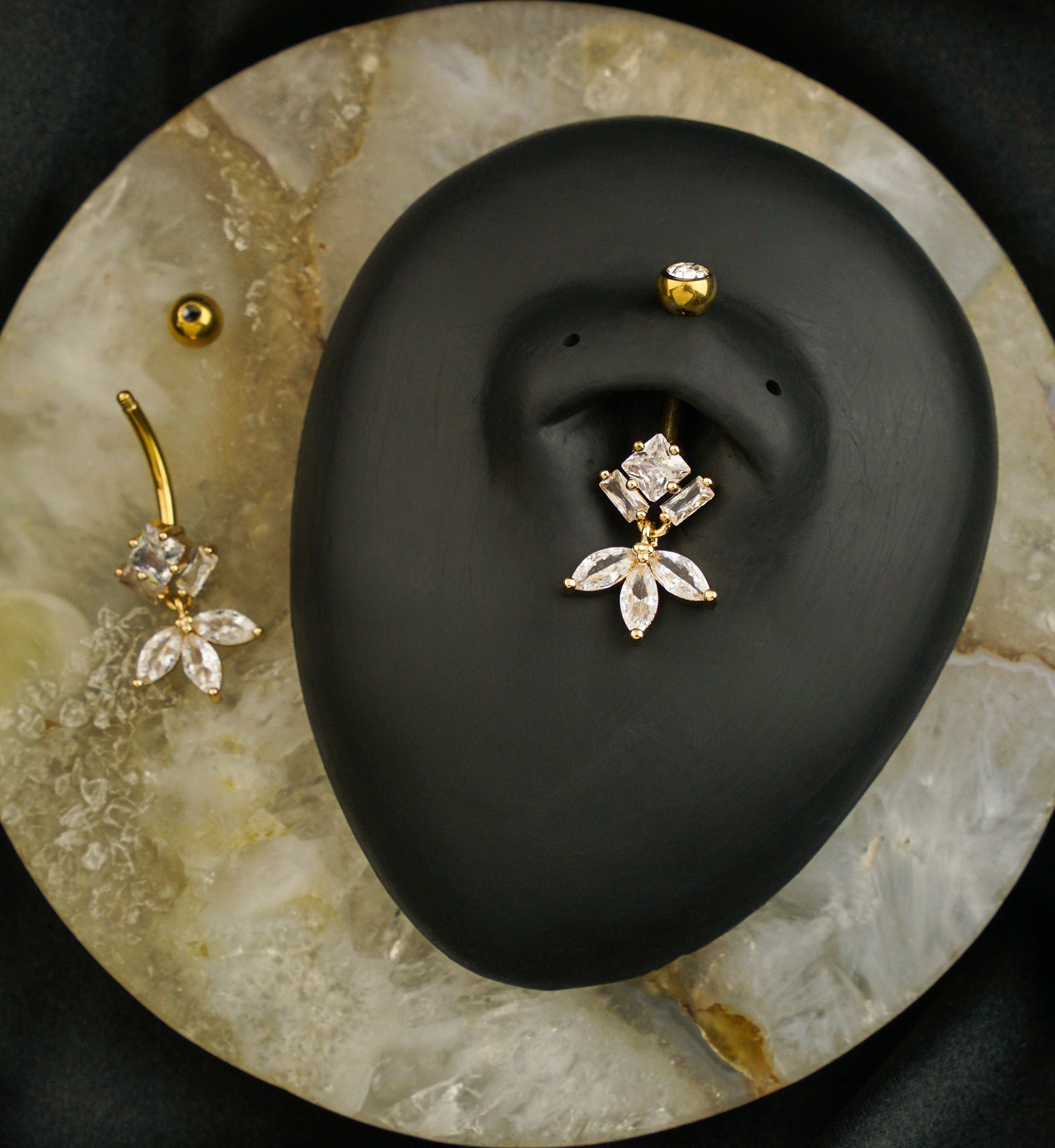 Gold PVD Geometric Dangle Clear CZ Titanium Belly Button Ring