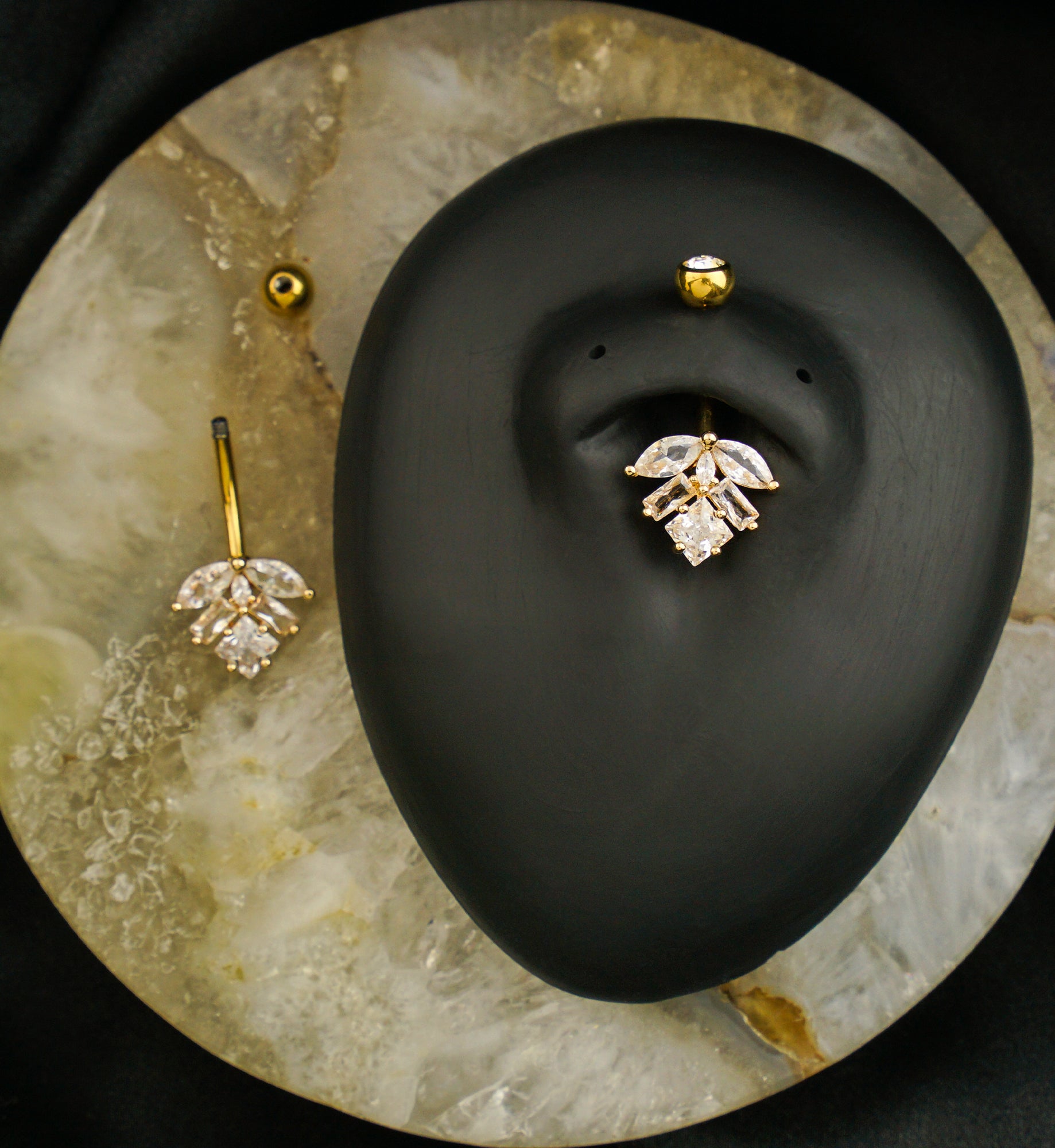 Gold PVD Geometric Leaf Cluster Clear CZ Titanium Belly Button Ring