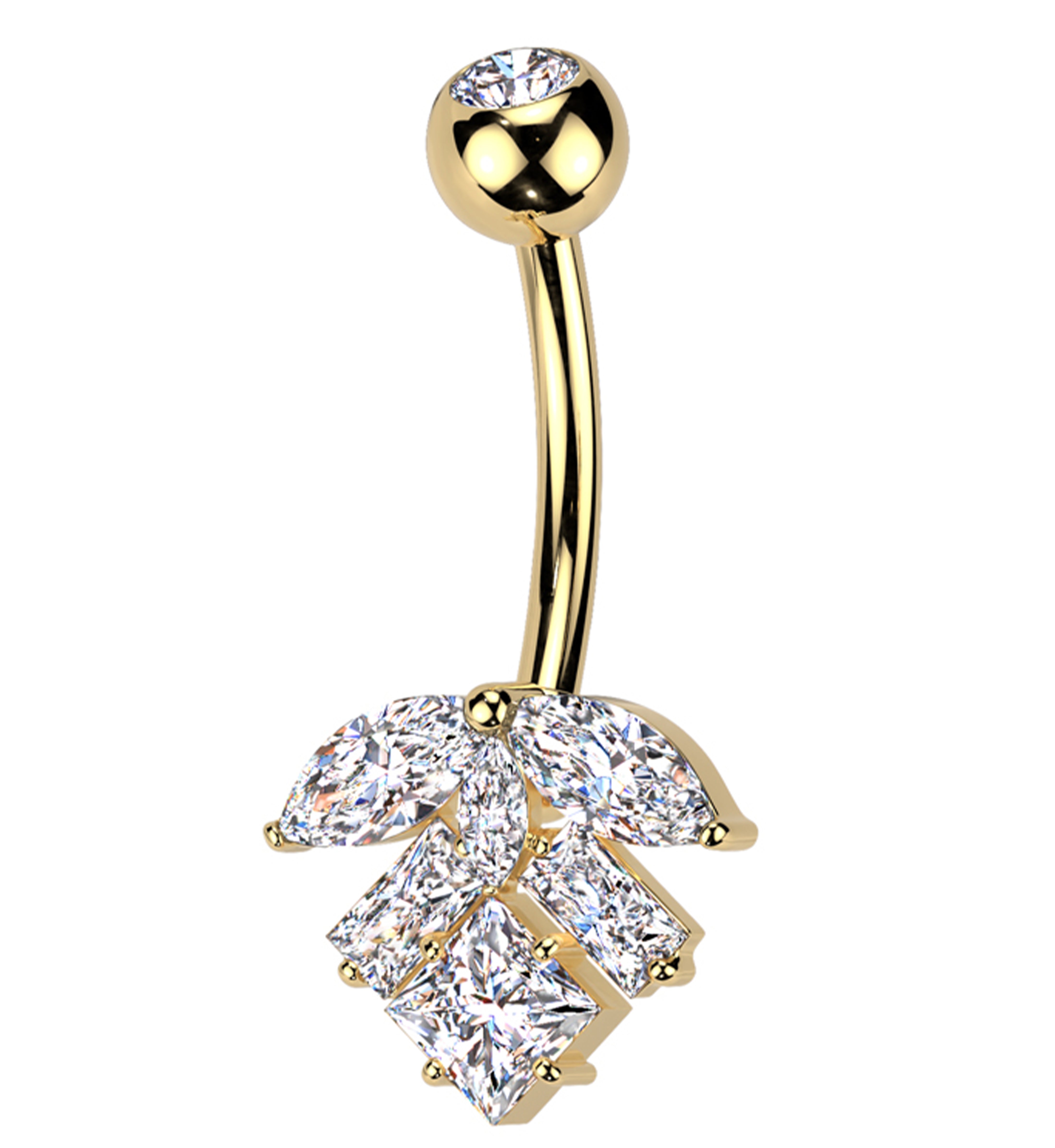 Gold PVD Geometric Leaf Cluster Clear CZ Titanium Belly Button Ring
