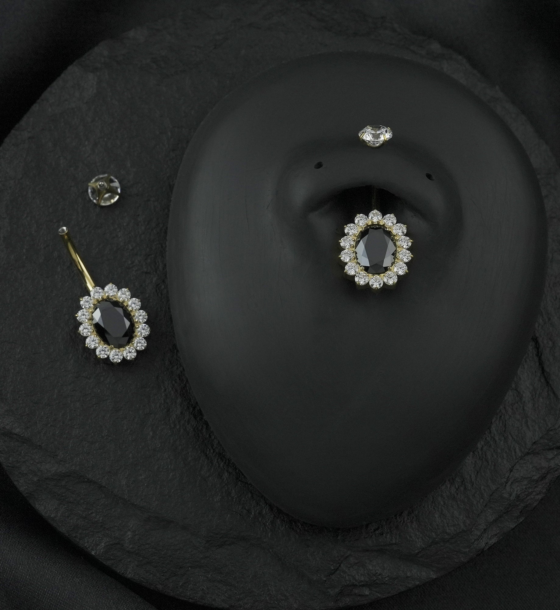 Gold PVD Gild Oval Black CZ Titanium Internally Threaded Belly Button Ring