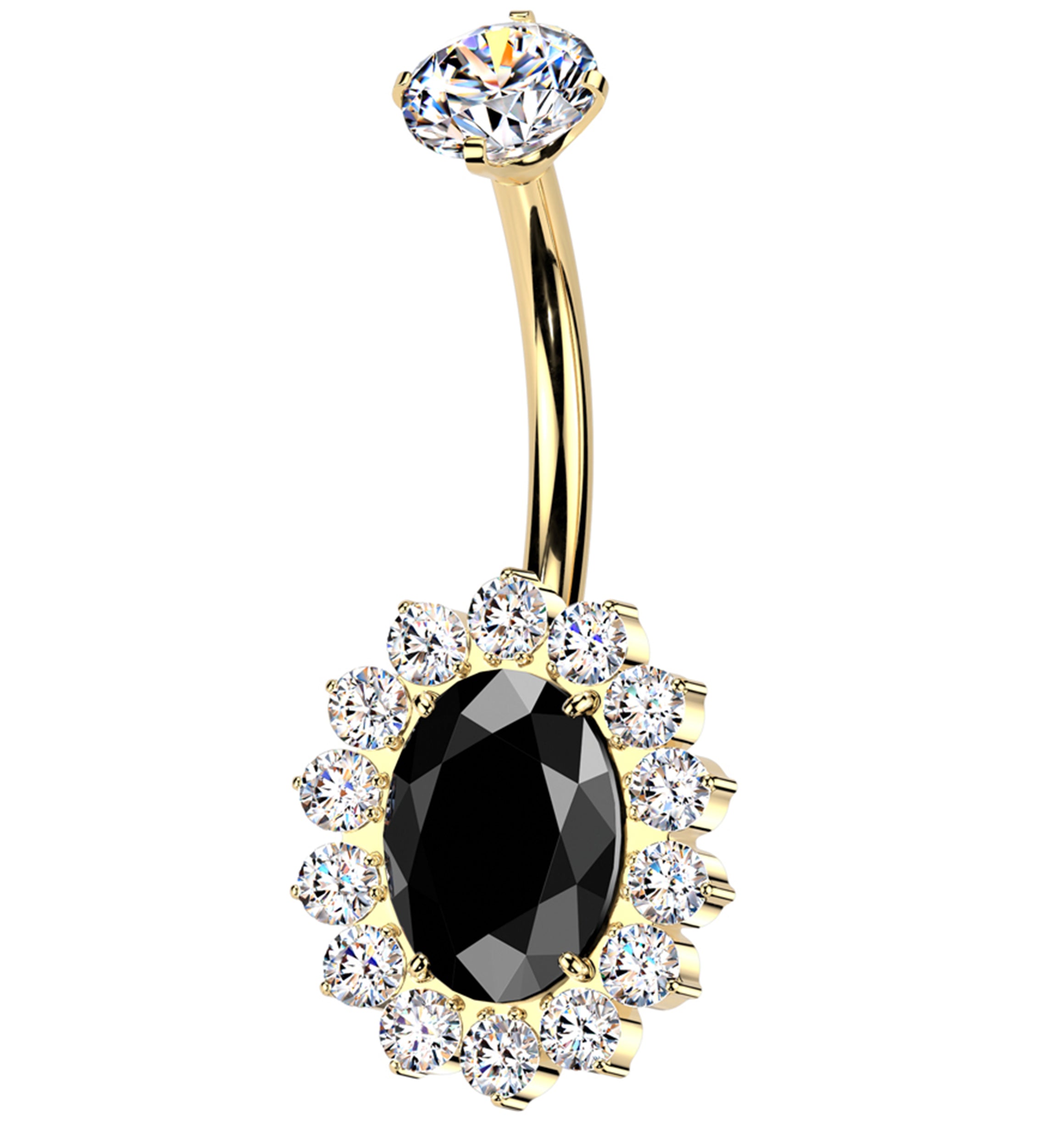 Gold PVD Gild Oval Black CZ Titanium Internally Threaded Belly Button Ring