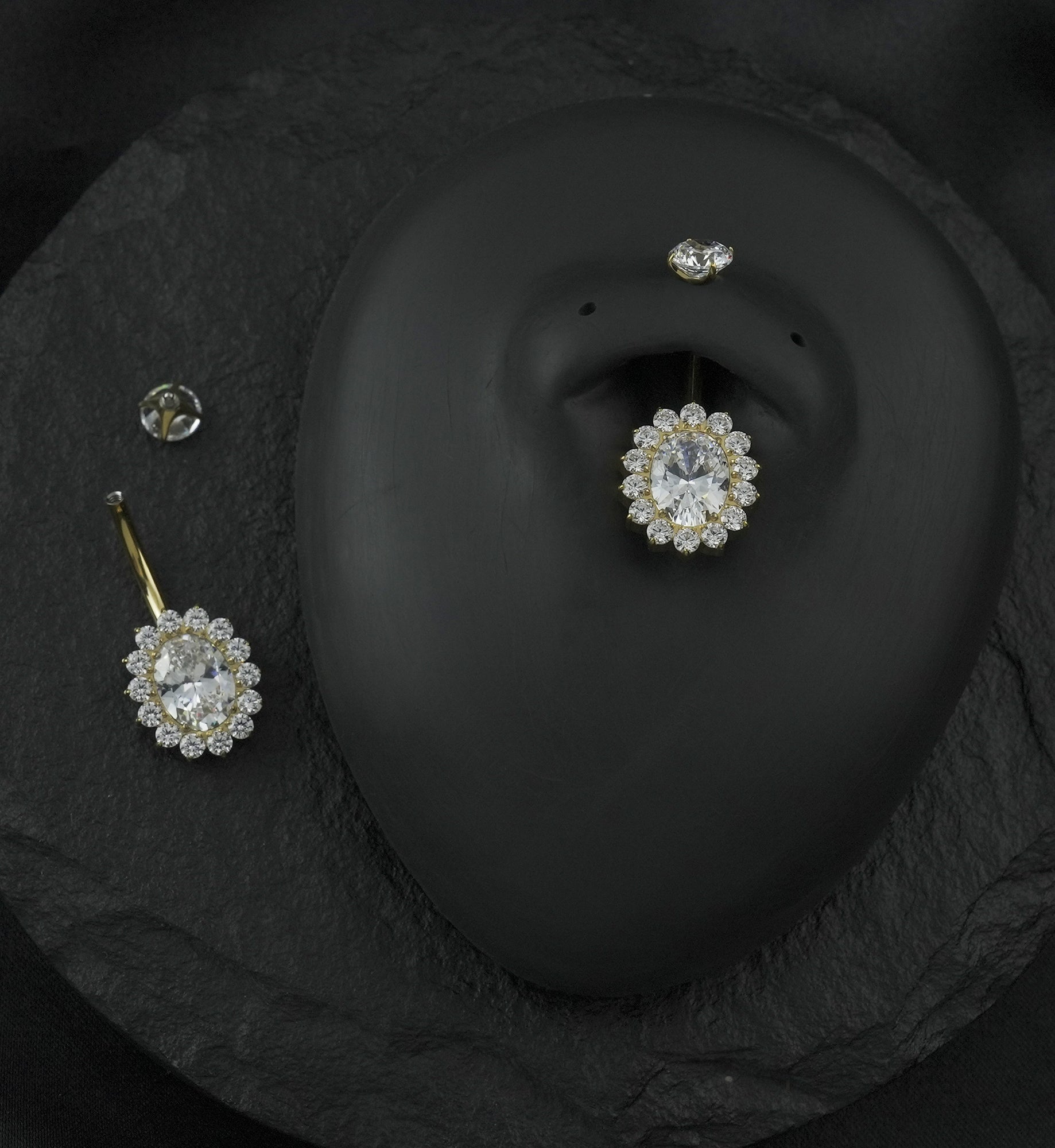 Gold PVD Gild Oval Clear CZ Titanium Internally Threaded Belly Button Ring