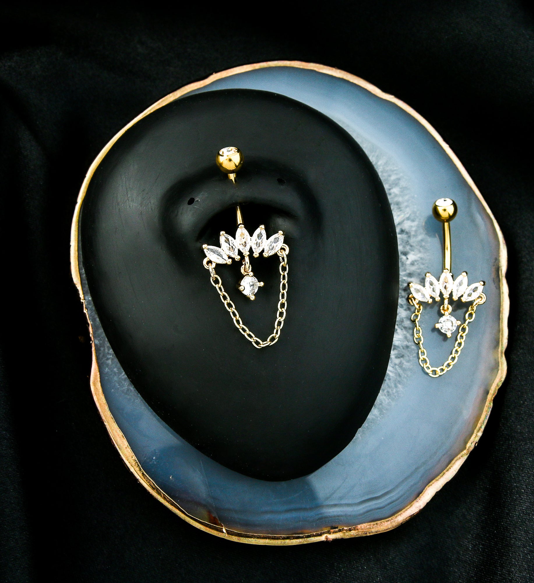 Gold PVD Half Crown Clear CZ Dangle Chain Stainless Steel Belly Button Ring