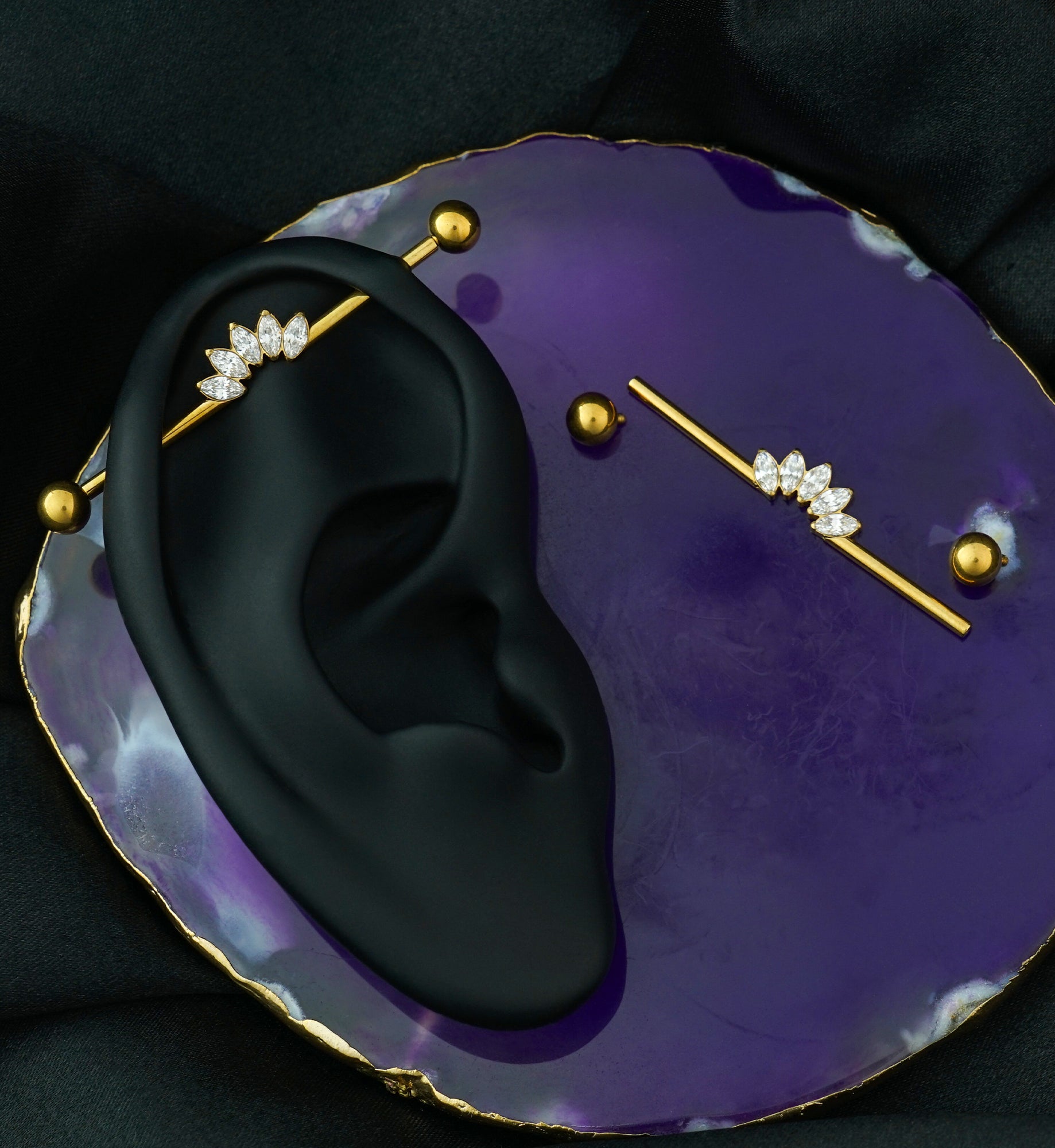 Gold PVD Half Crown Clear CZ Internally Threaded Titanium Industrial Barbell