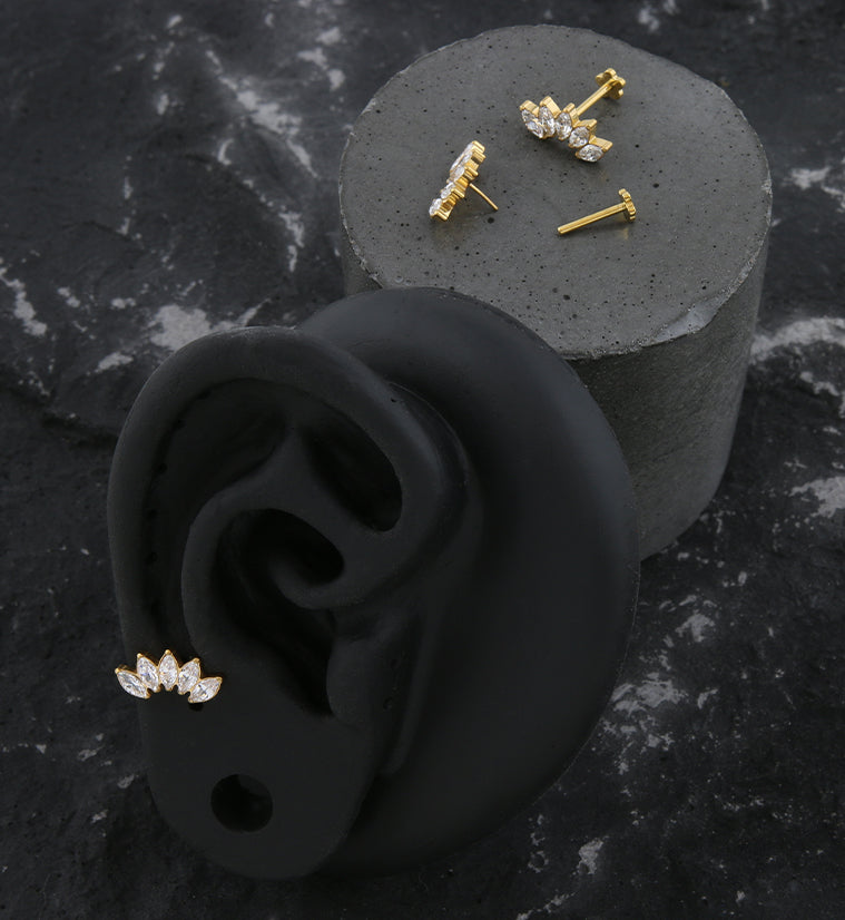 Gold PVD Half Crown Clear CZ Threadless Titanium Flower Back Labret