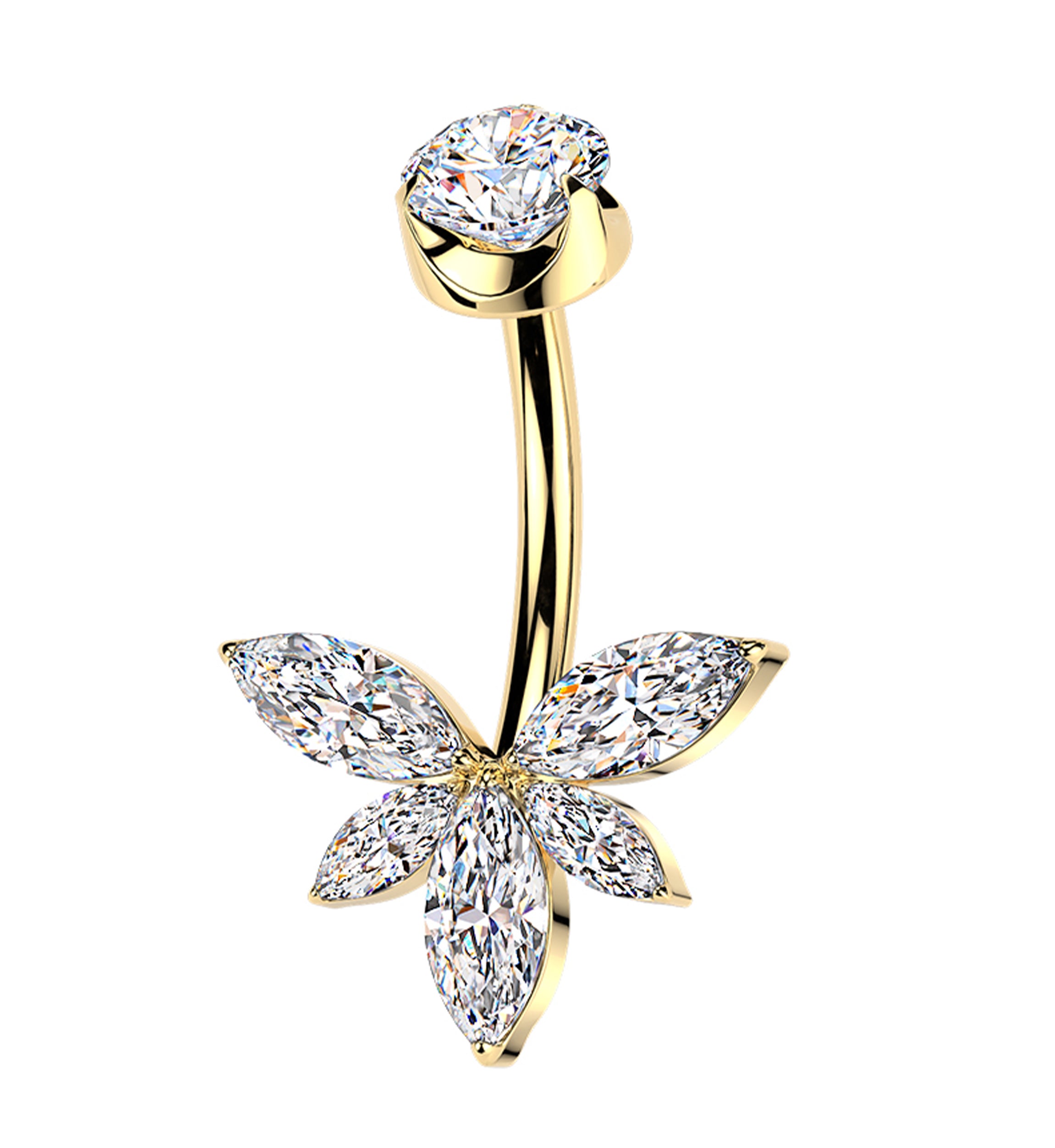 Gold PVD Half Flower Clear CZ Internally Threaded Titanium Belly Button Ring