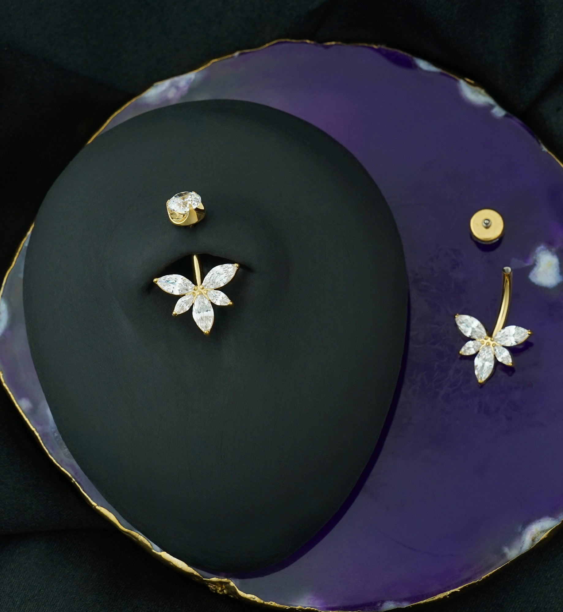 Gold PVD Half Flower Clear CZ Internally Threaded Titanium Belly Button Ring