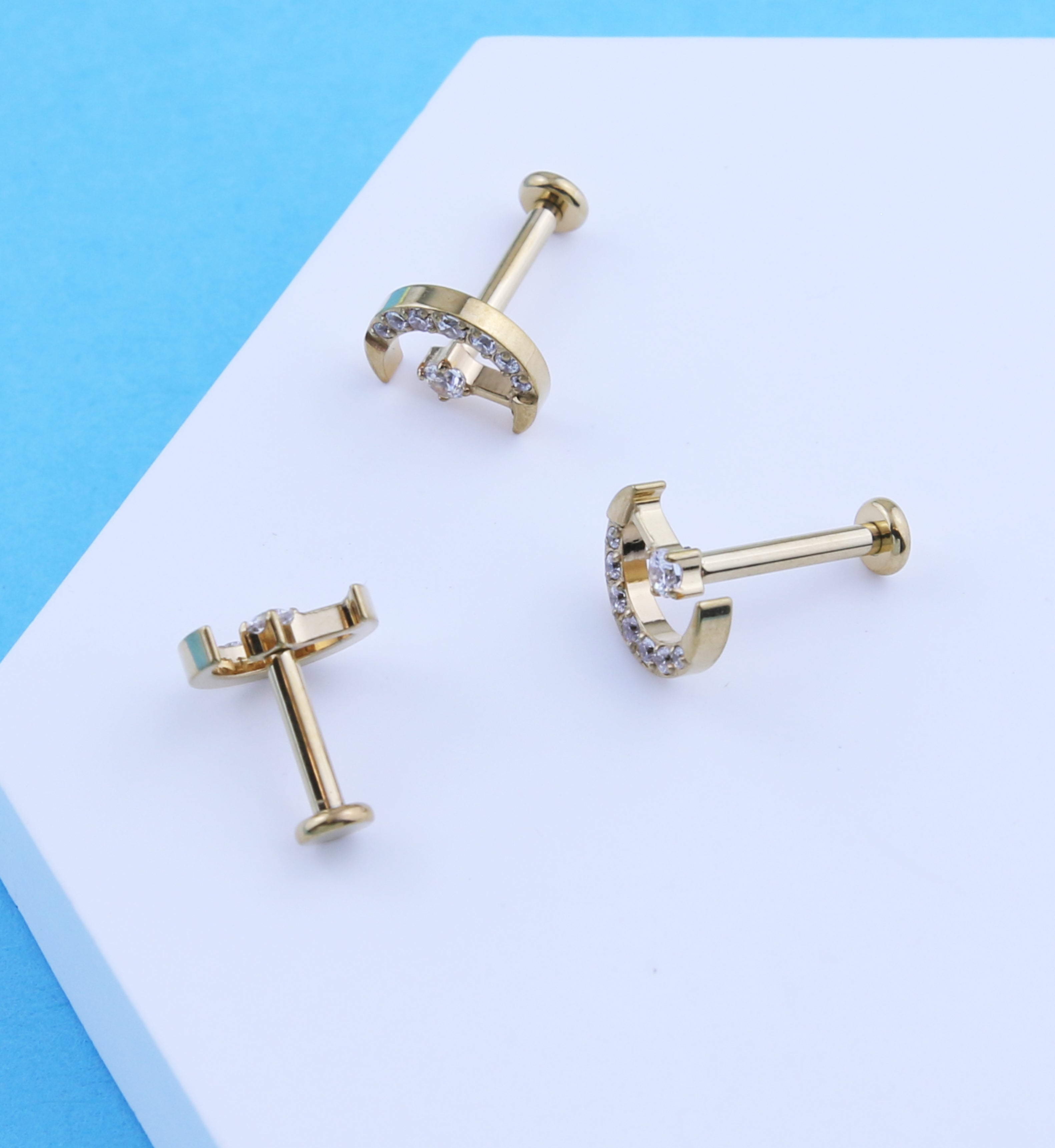 Gold PVD Half Moon Clear CZ Drop Internally Threaded Titanium Labret