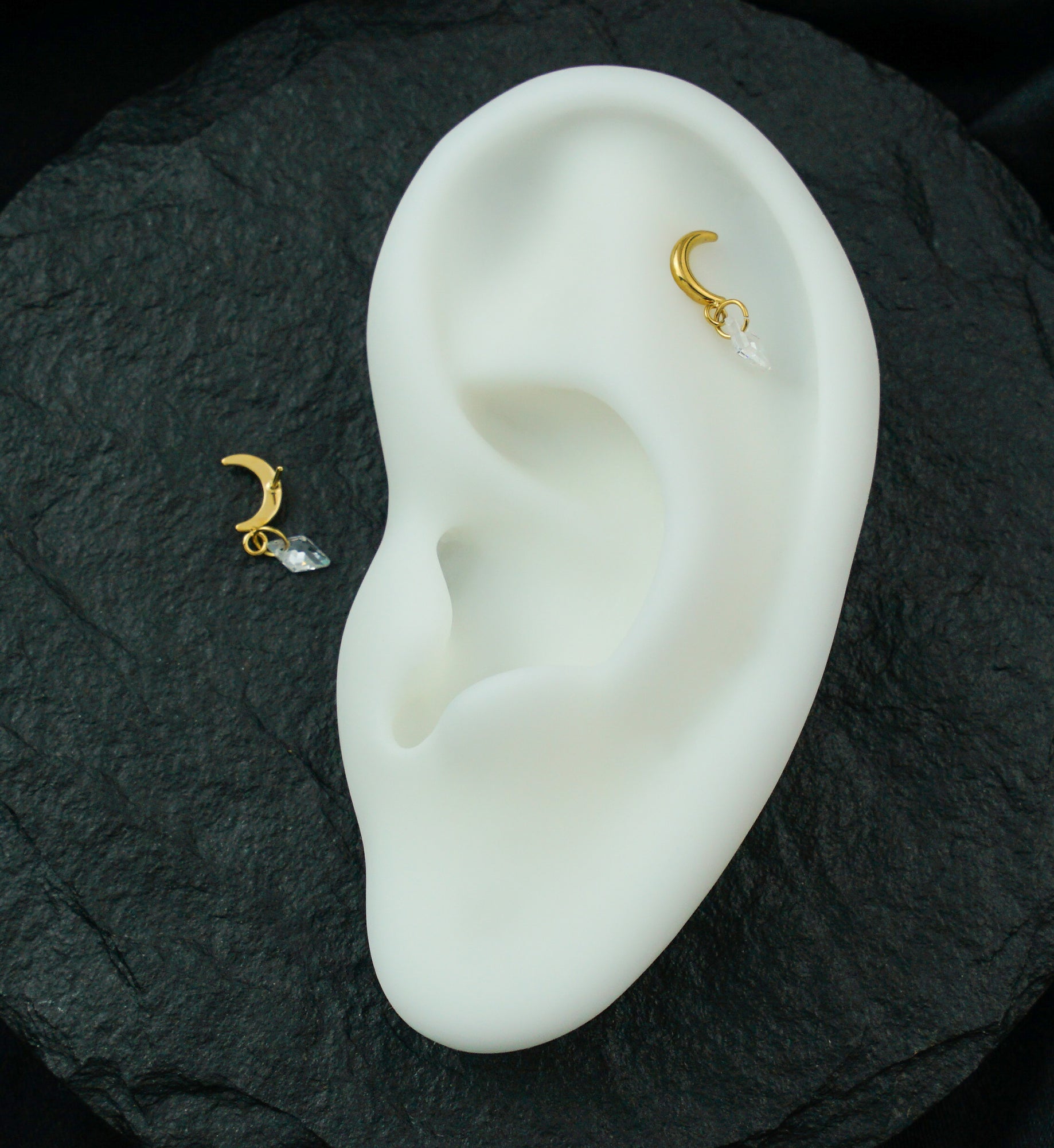 Gold PVD Half Moon Dangle Diamond CZ Titanium Threadless Top