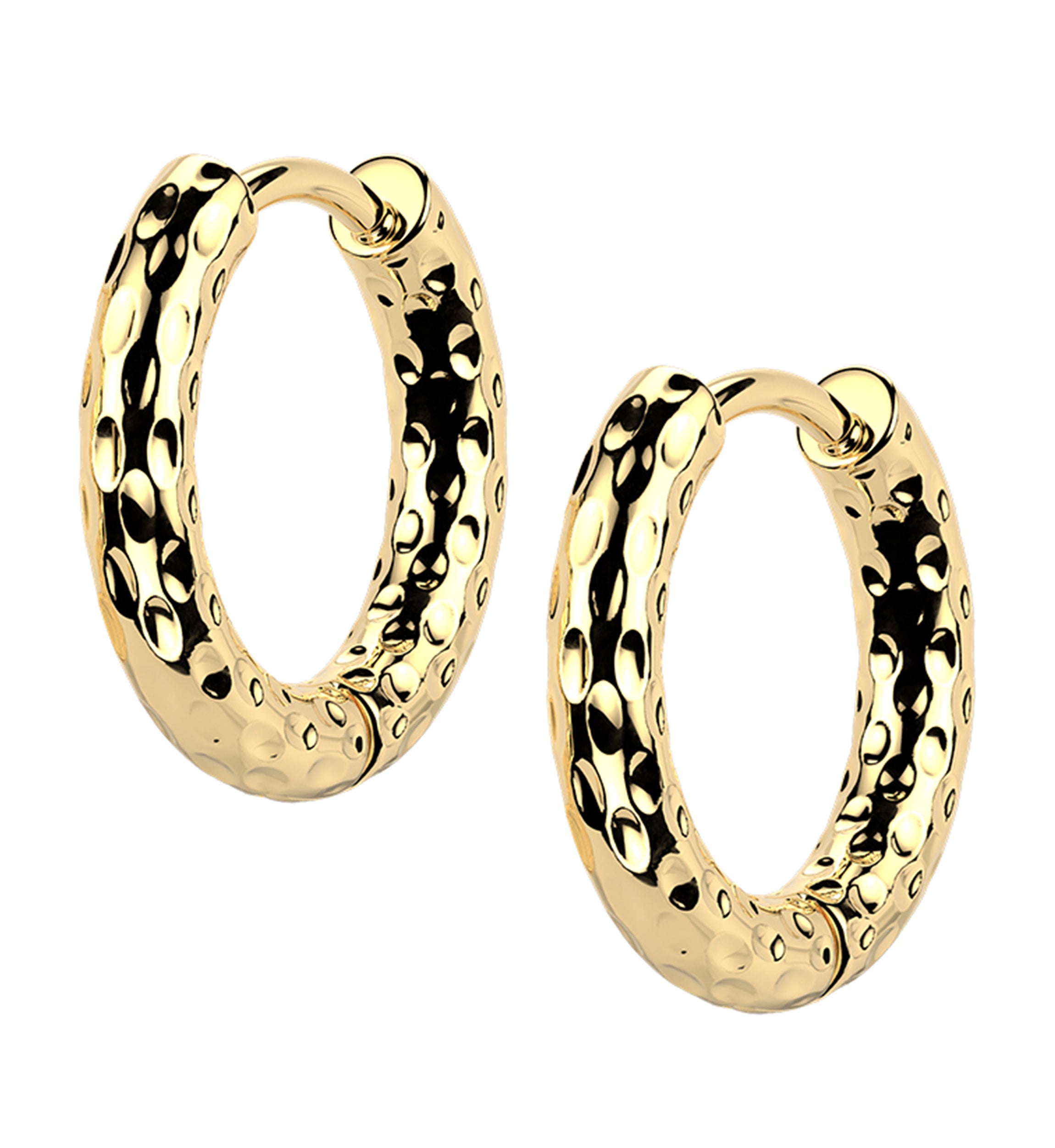 Gold PVD Hammered Stainless Steel Hinged Hoop Huggie Earrings