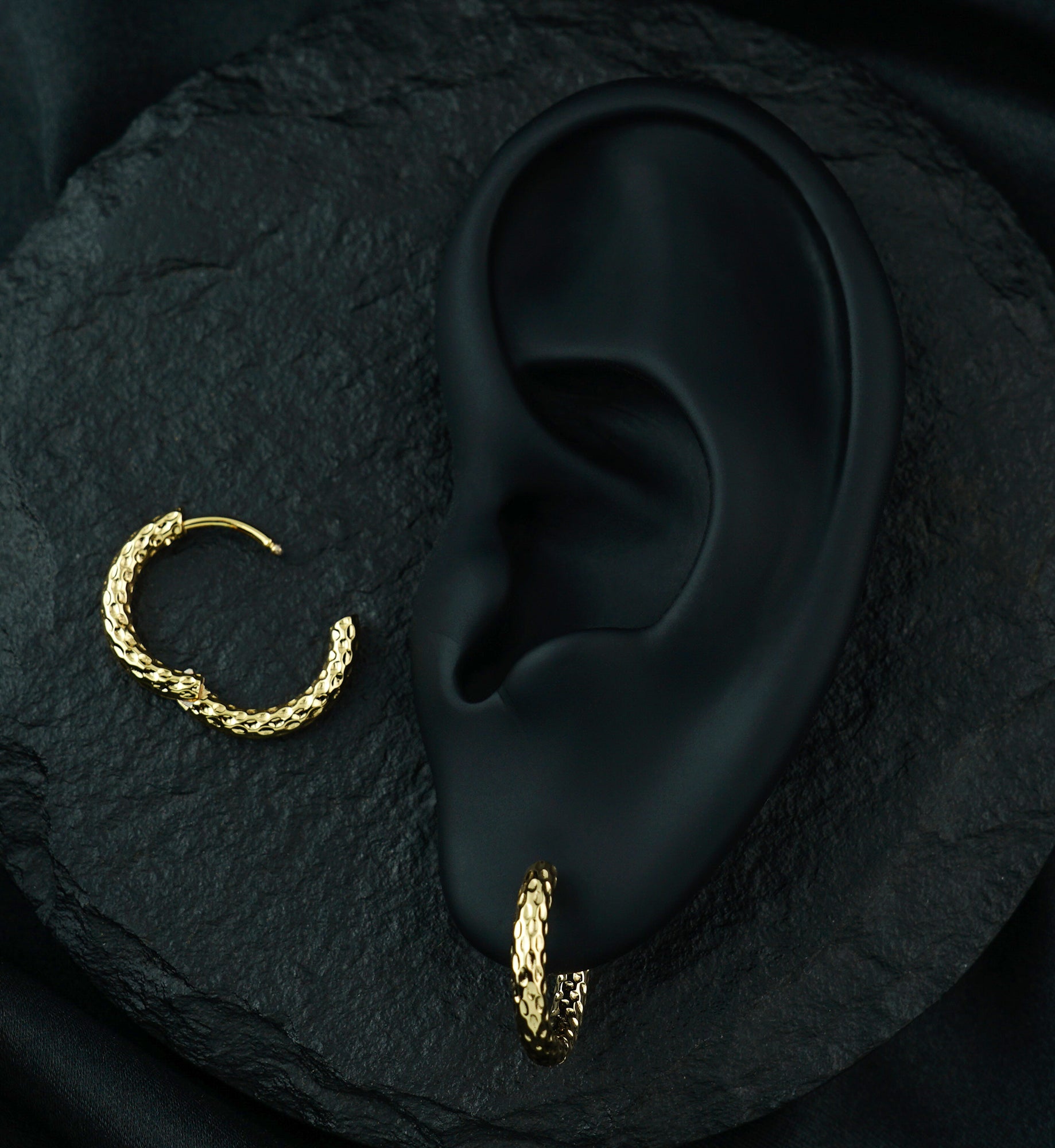 Gold PVD Hammered Stainless Steel Hinged Hoop Huggie Earrings