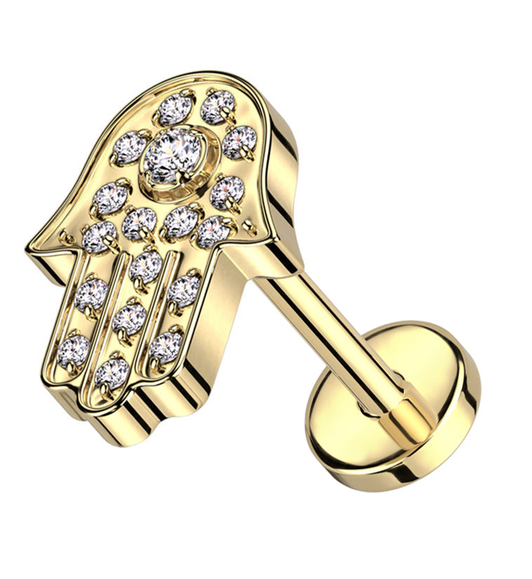 Gold PVD Hamsa Hand Clear CZ Threadless Titanium Labret