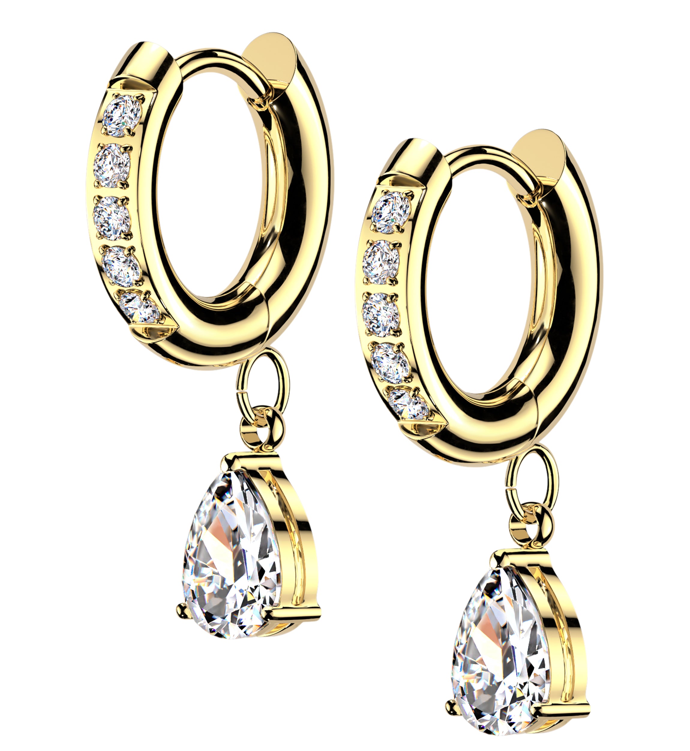 Gold PVD Hanging Teardrop CZ Stainless Steel Hinged Hoop Earrings