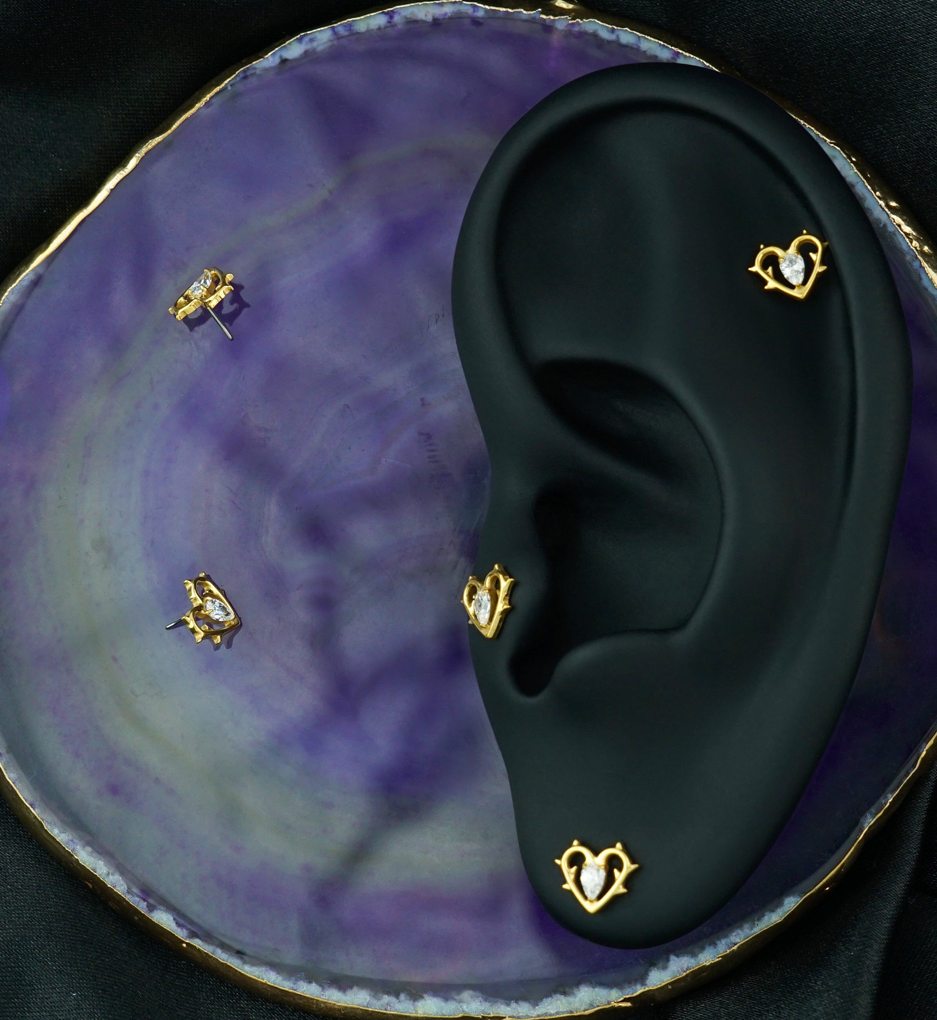 Gold PVD Heart Of Thorns Clear CZ Titanium Threadless Top