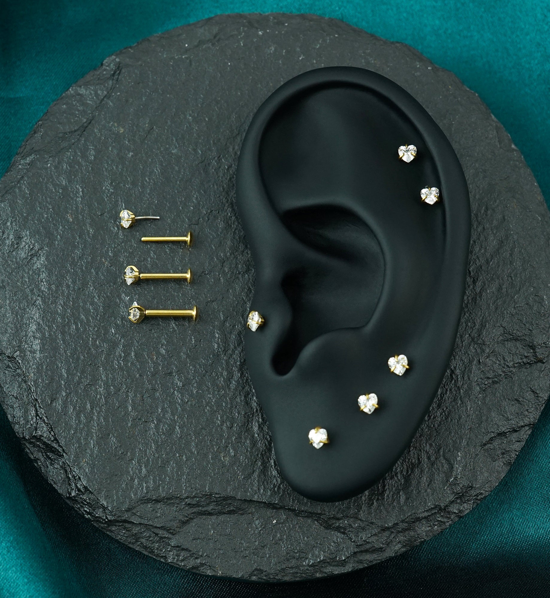 Gold PVD Heart Prong Clear CZ Stainless Steel Threadless Convex Disk Labret