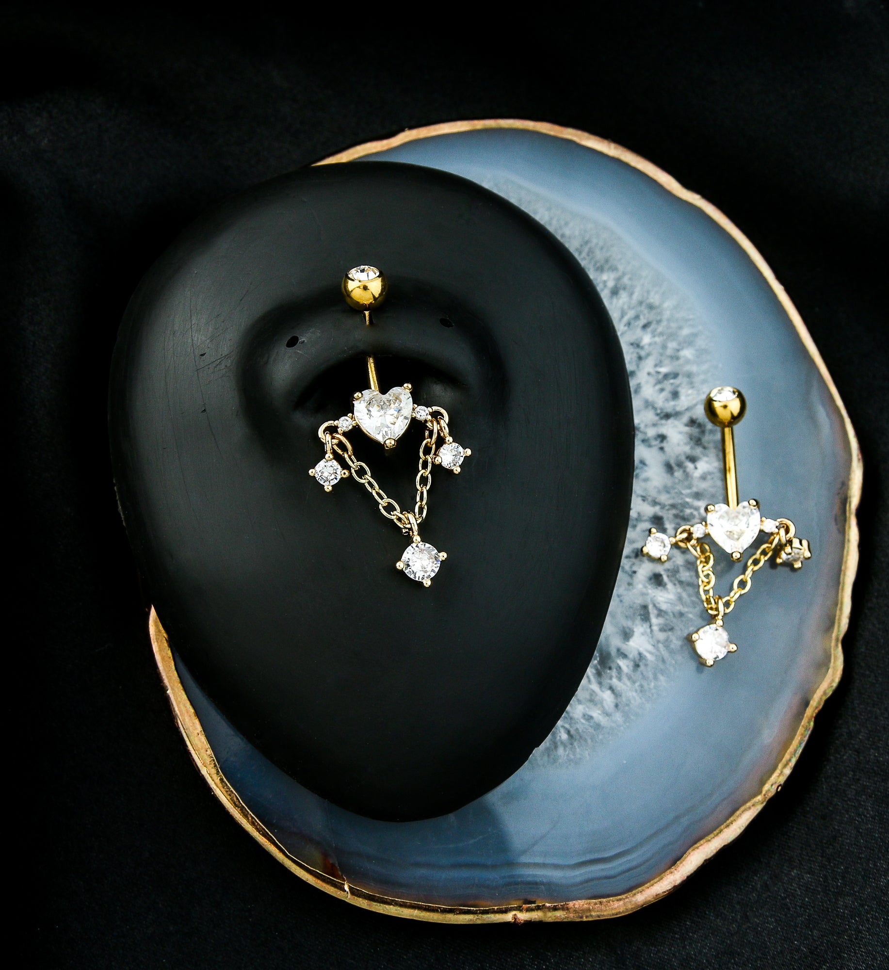 Gold PVD Heart Triple Clear CZ Dangle Chain Stainless Steel Belly Button Ring