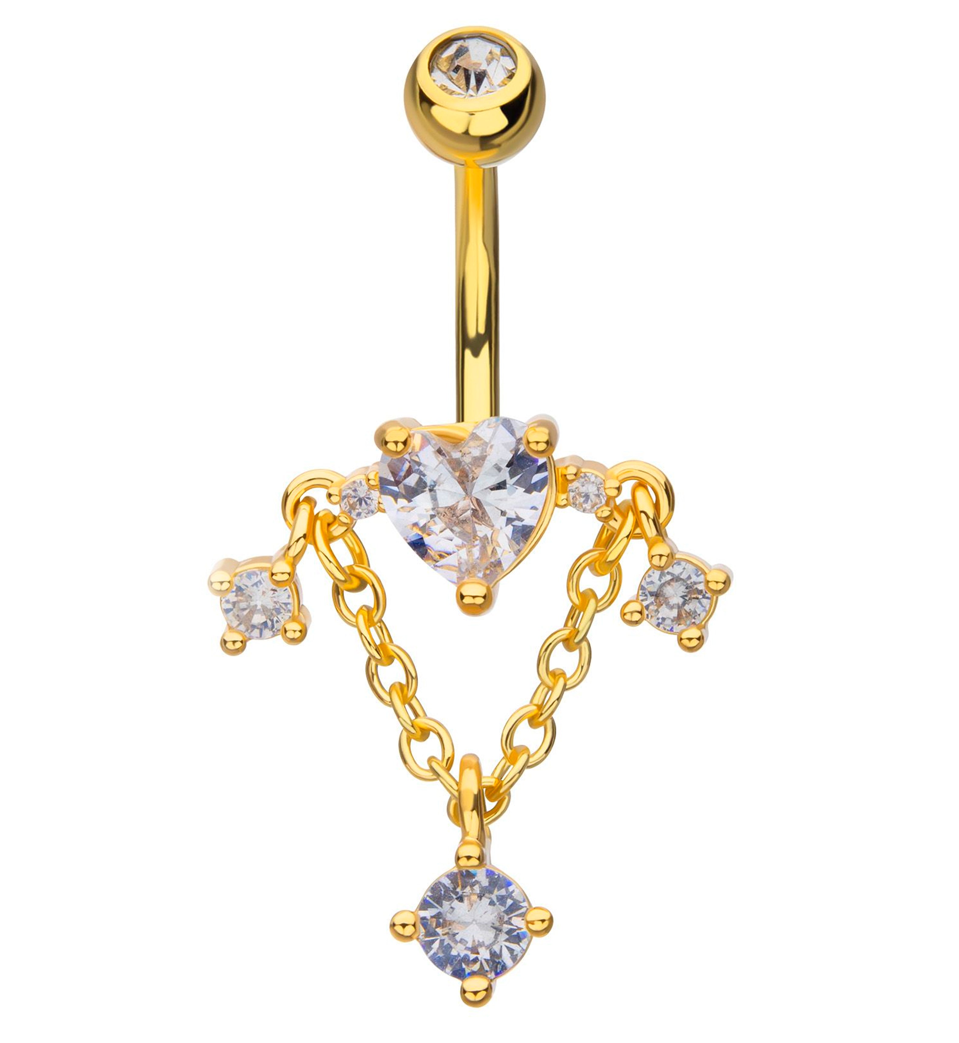 Gold PVD Heart Triple Clear CZ Dangle Chain Stainless Steel Belly Button Ring