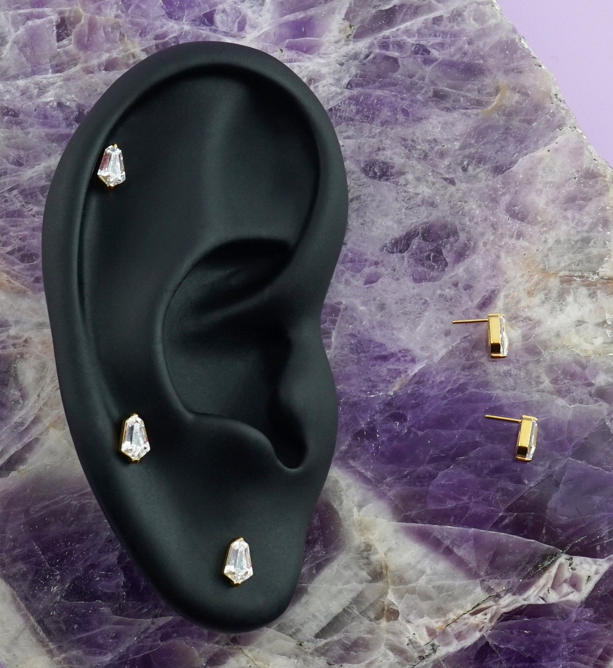 Gold PVD Hexagonal Clear CZ Titanium Threadless Top