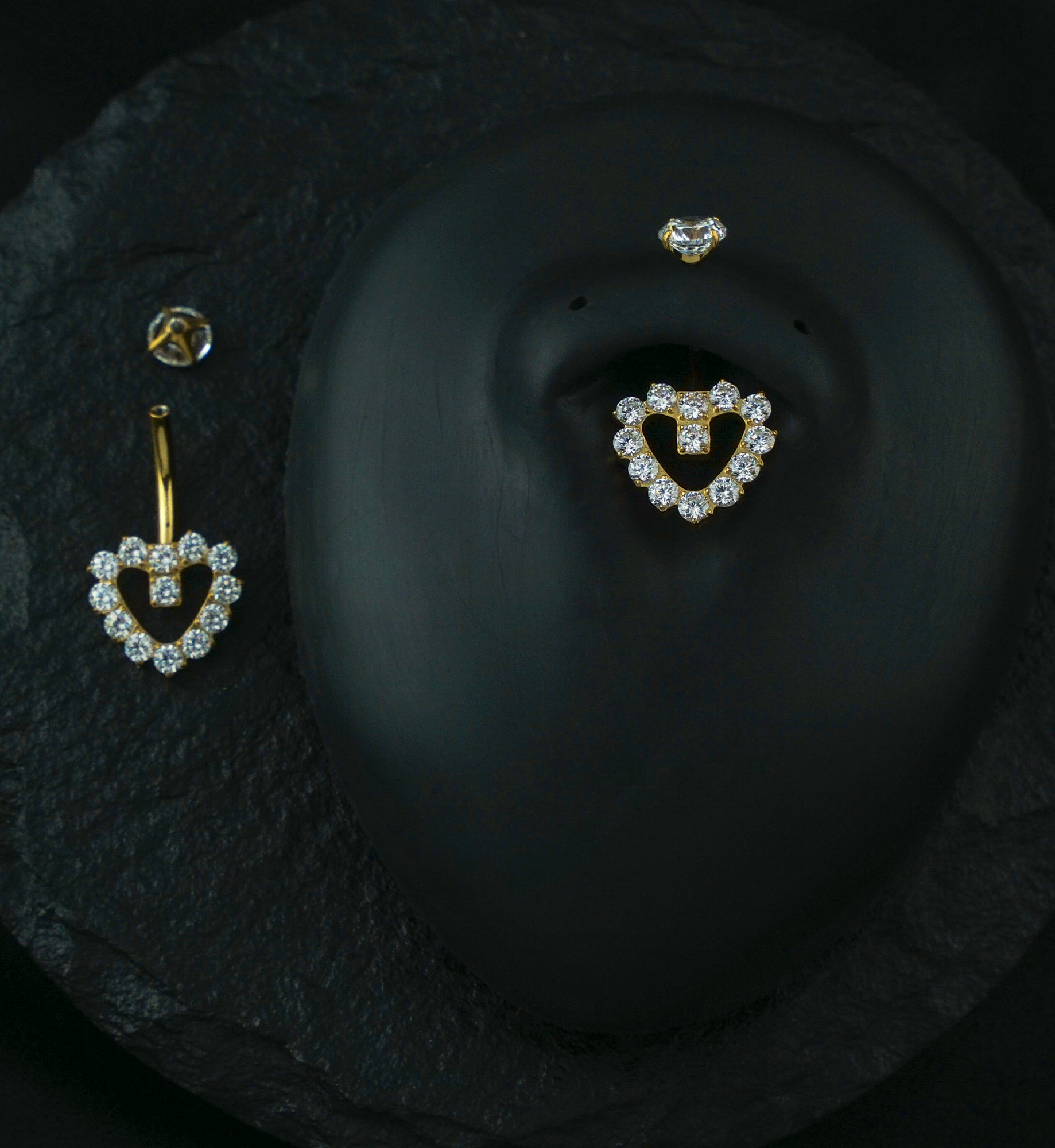 Gold PVD Hollow Heart Clear CZ Titanium Internally Threaded Belly Button Ring