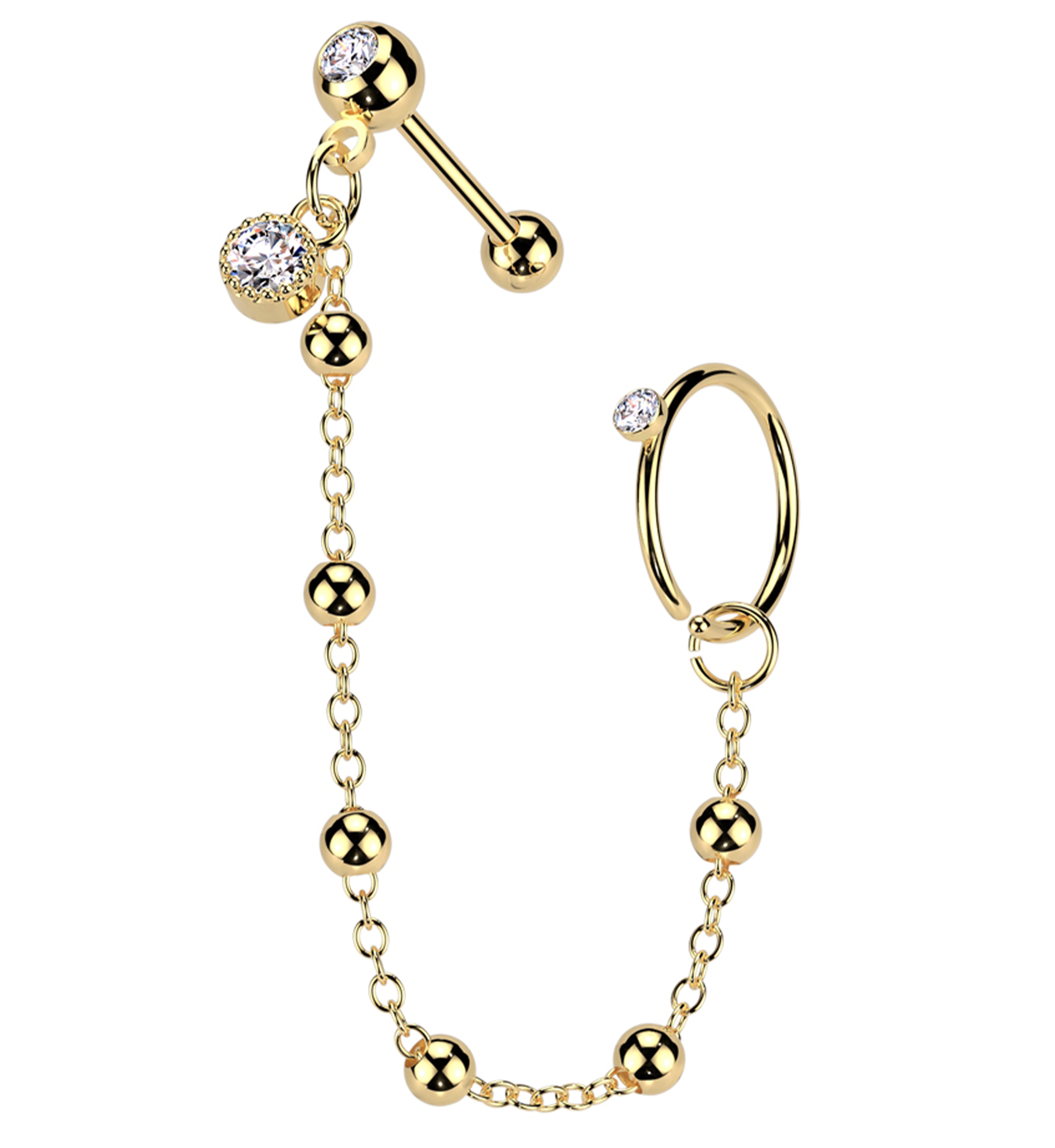 Gold PVD Hoop/Barbell Clear CZ Stainless Steel Ball Piercing Chain