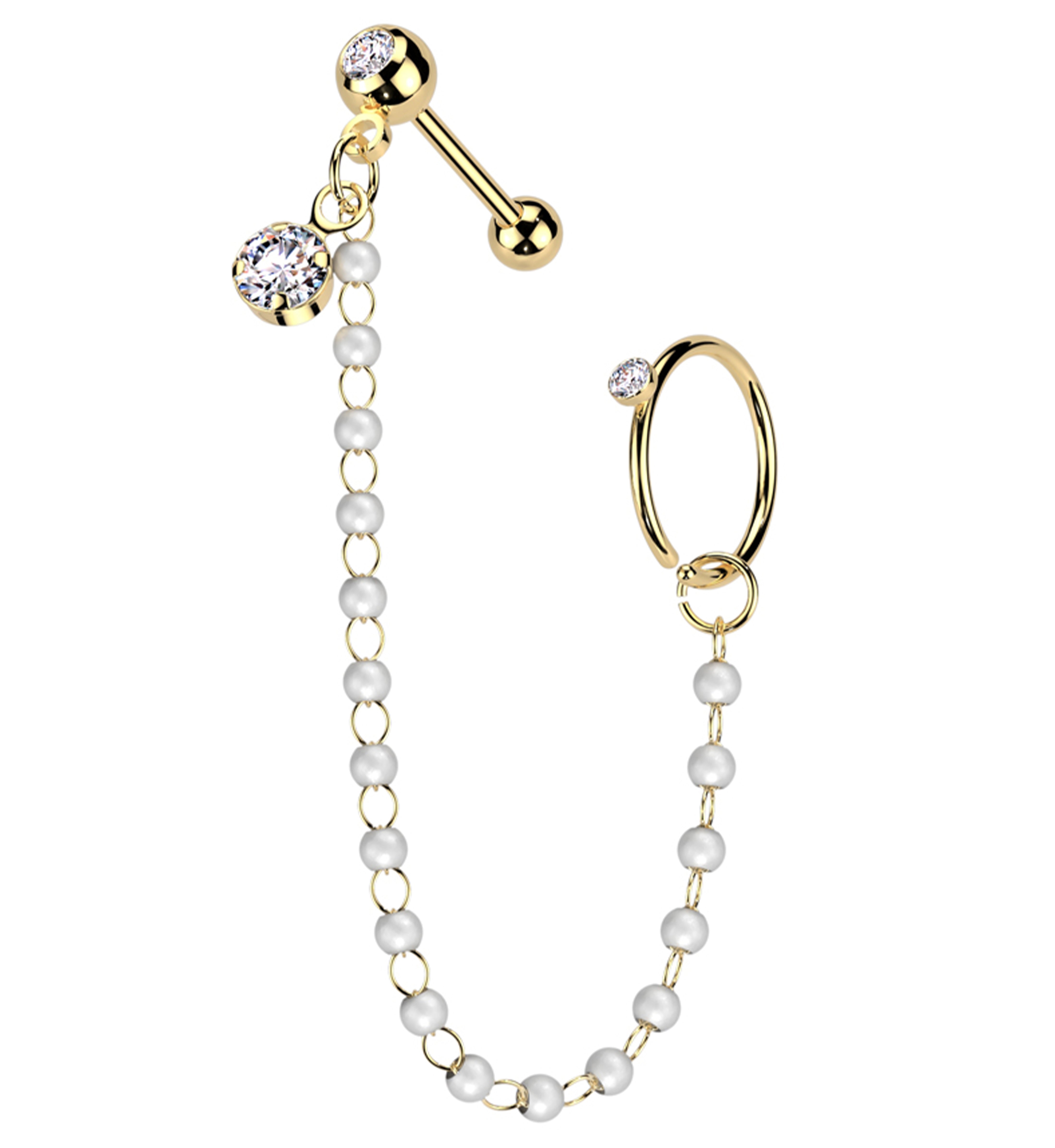 Gold PVD Hoop/Barbell Clear CZ Stainless Steel Mini Pearl Piercing Chain