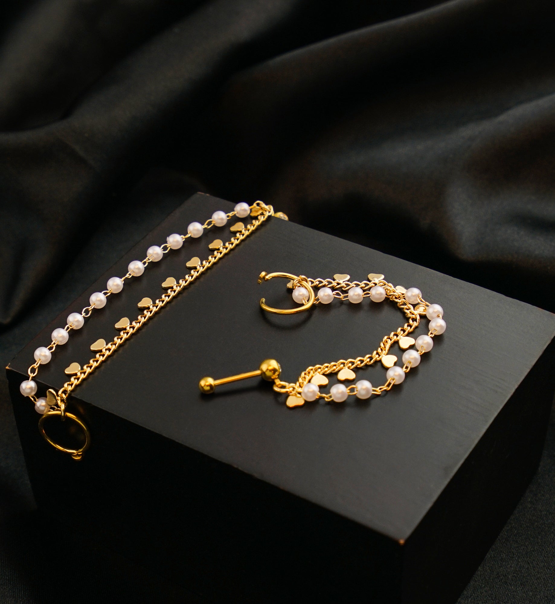 Gold PVD Hoop/Barbell Clear CZ Stainless Steel Pearl And Heart Dual Piercing Chain