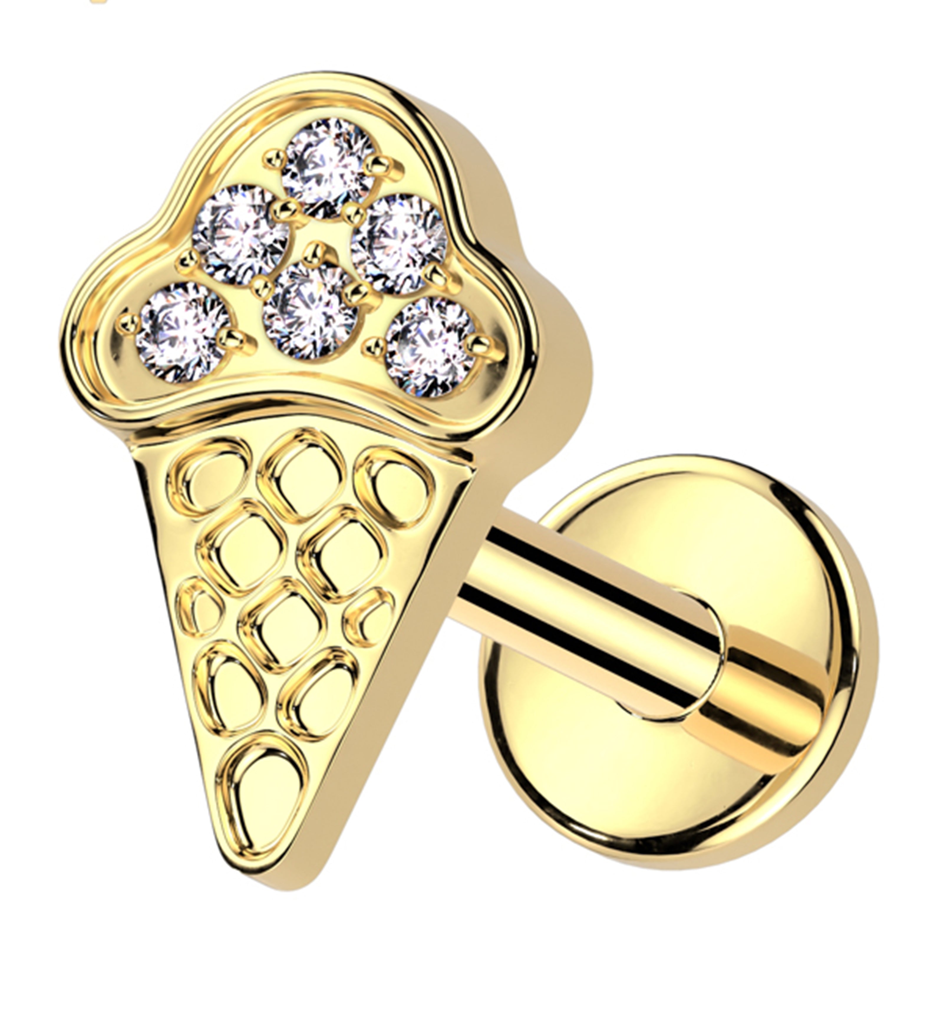 Gold PVD Ice Cream Cone Clear CZ Internally Threaded Titanium Labret Post