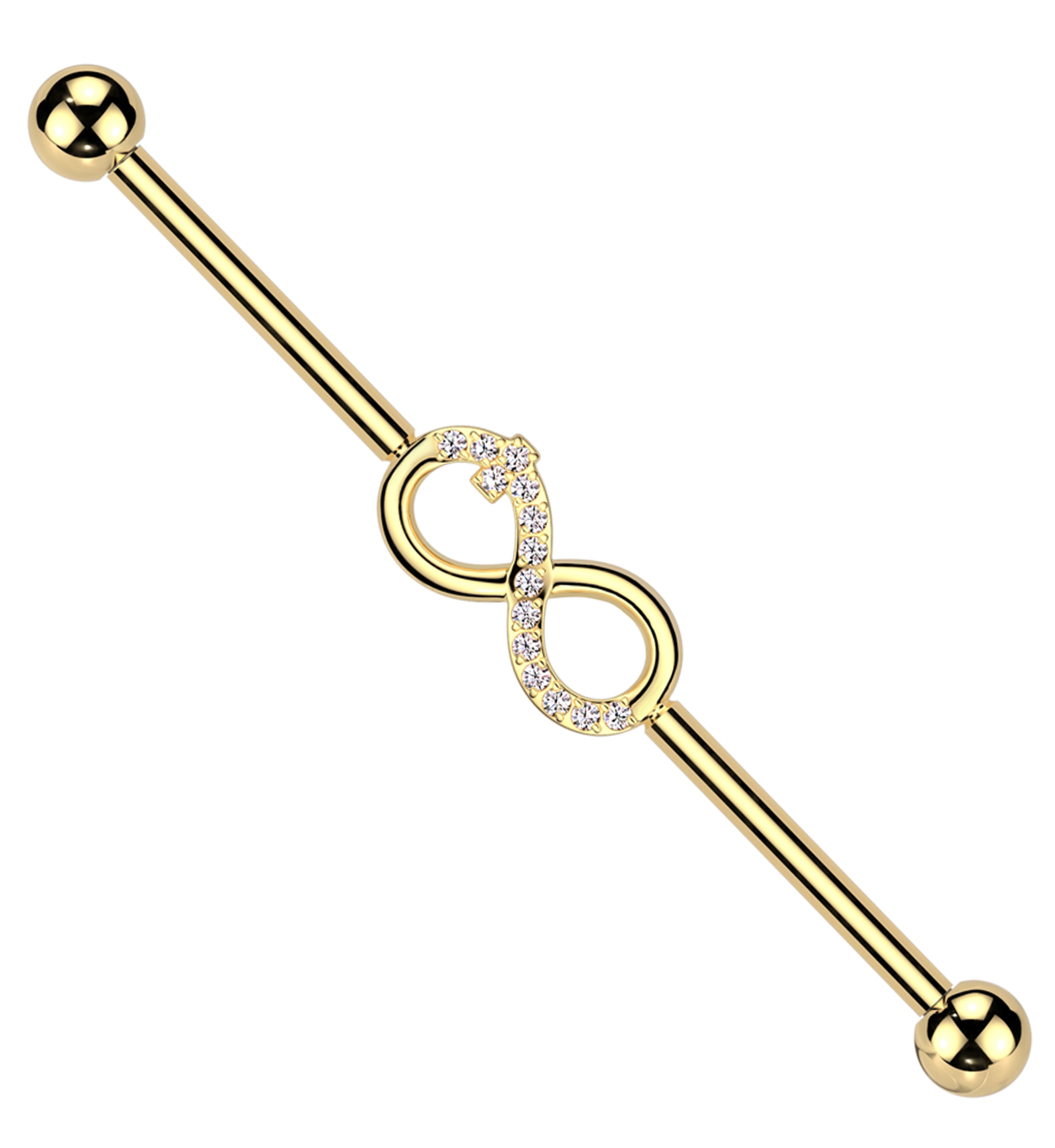Gold PVD Infinity Symbol Clear CZ Internally Threaded Titanium Industrial Barbell