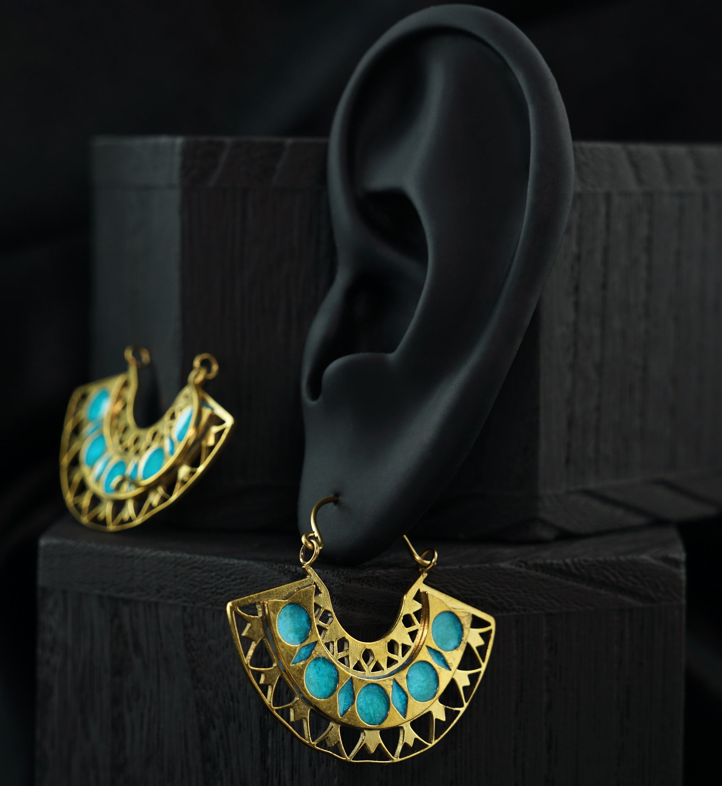 Gold PVD Insignia Light Blue Epoxy Stainless Steel Earrings