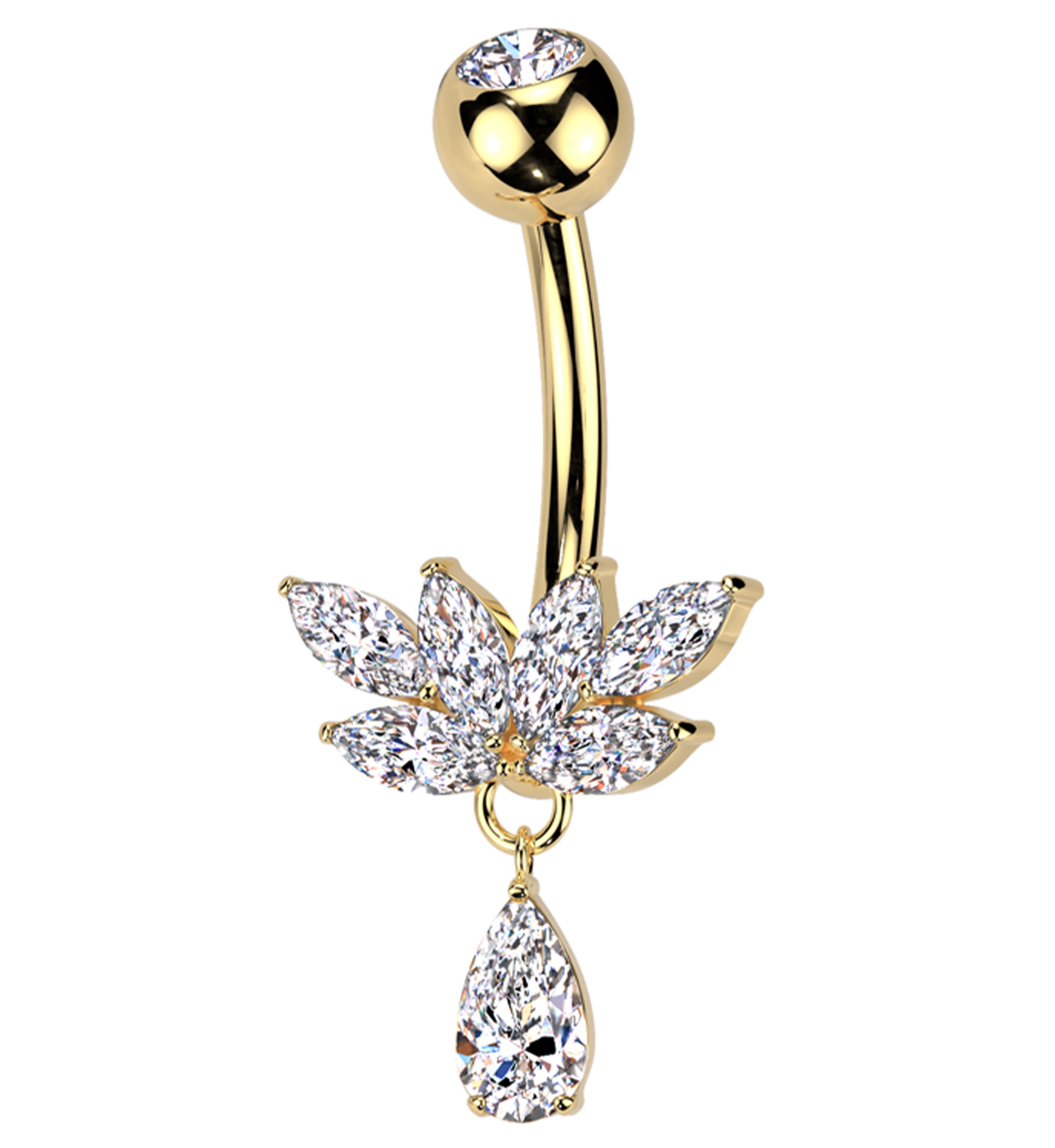 Gold PVD Laurel Clear CZ Teardrop Dangle Titanium Belly Button Ring