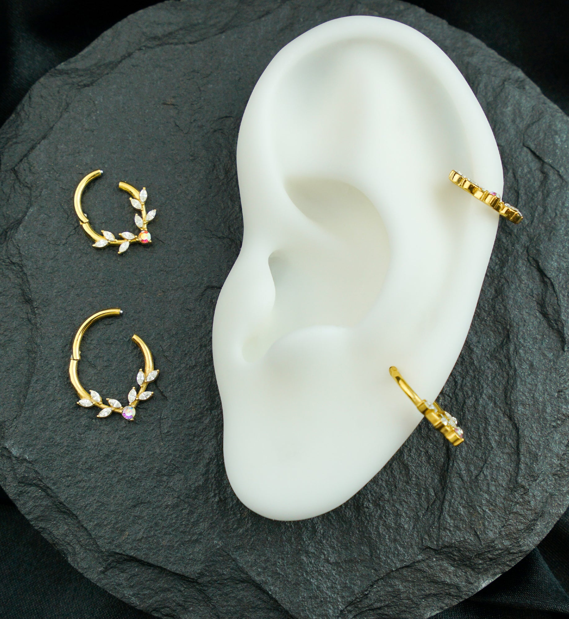 Gold PVD Laurel Vine Clear And Rainbow Aurora CZ Stainless Steel Hinged Segment Ring