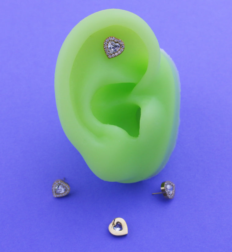 Gold PVD Lined Heart Clear CZ Titanium Threadless Top