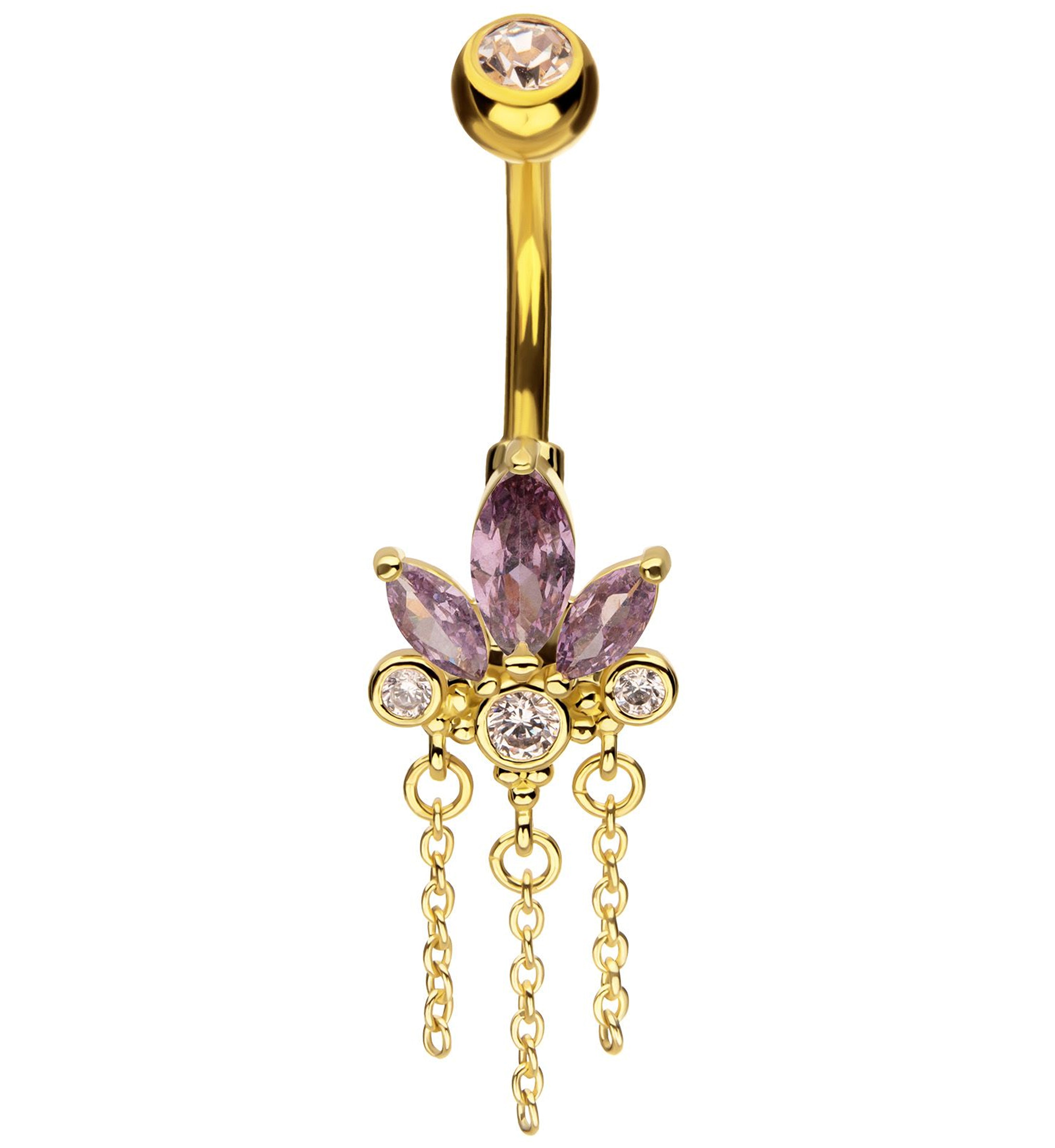 Gold PVD Lotus Flower Amethyst CZ Triple Chain Dangle Stainless Steel Belly Button Ring