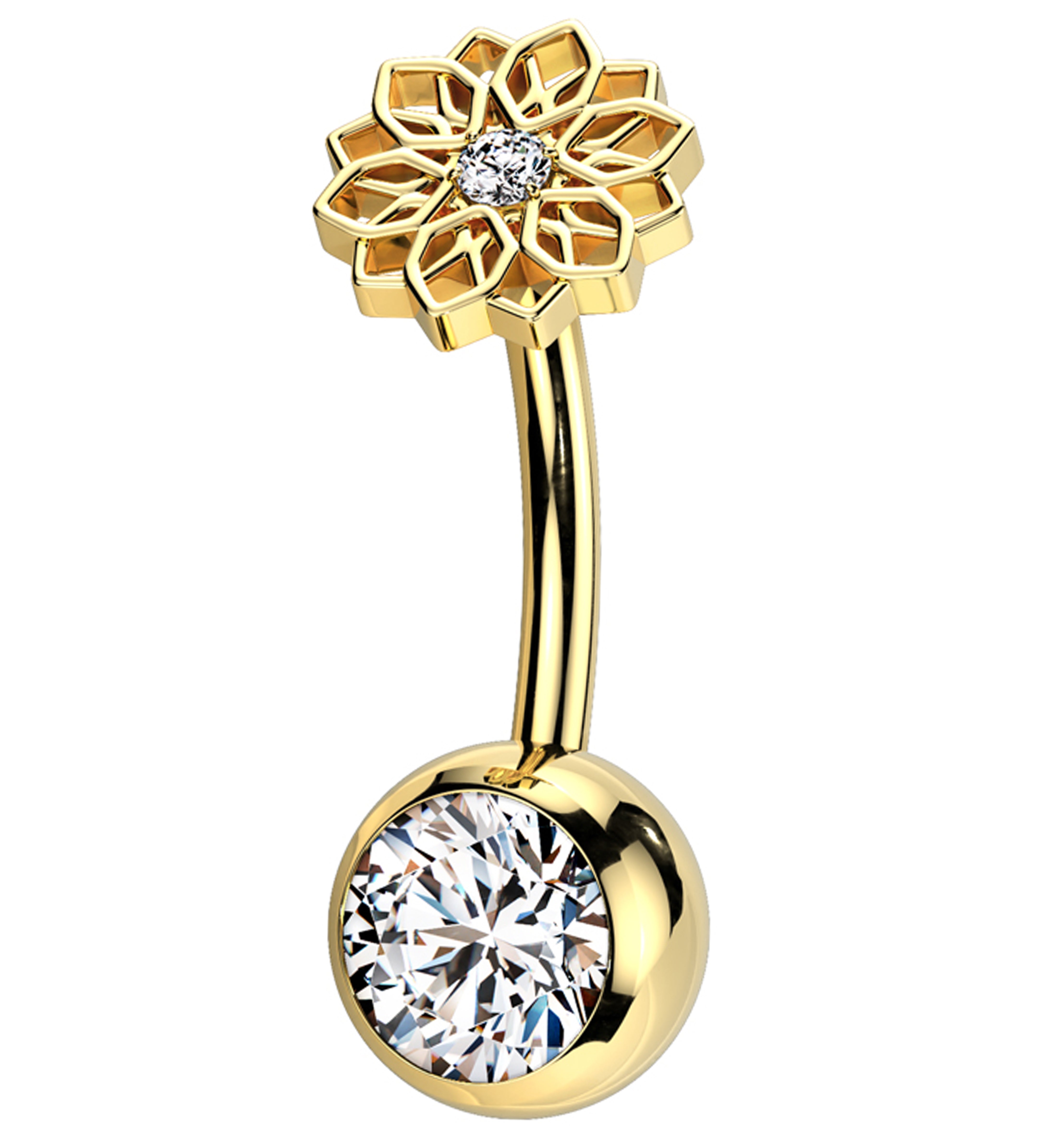 Gold PVD Lotus Flower Clear CZ Titanium Threadless Belly Button Ring