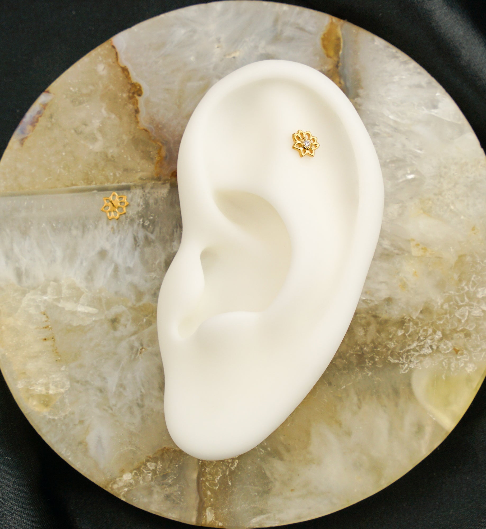 Gold PVD Lotus Flower Cutout Clear CZ Threadless Titanium Top