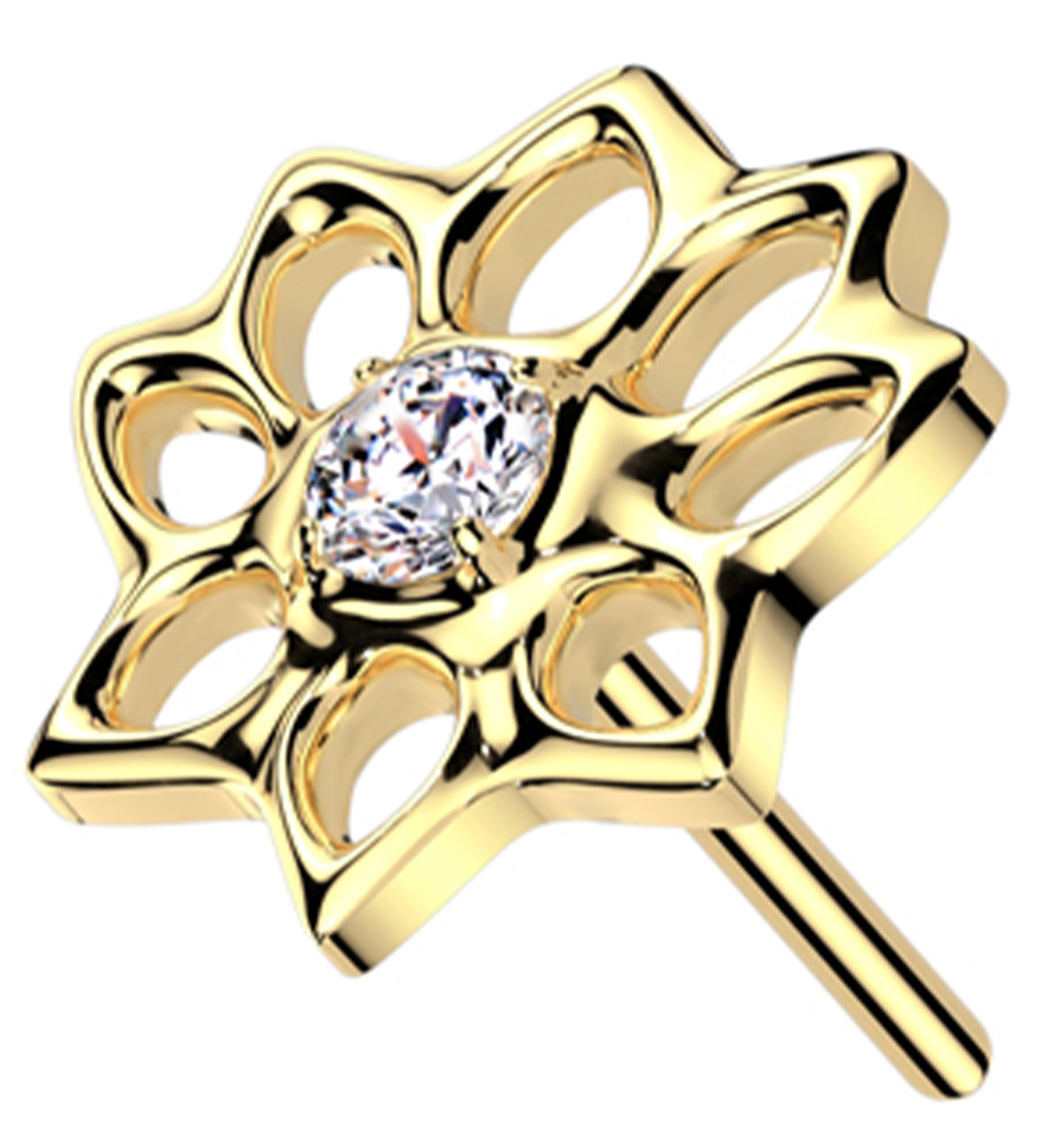 Gold PVD Lotus Flower Cutout Clear CZ Threadless Titanium Top