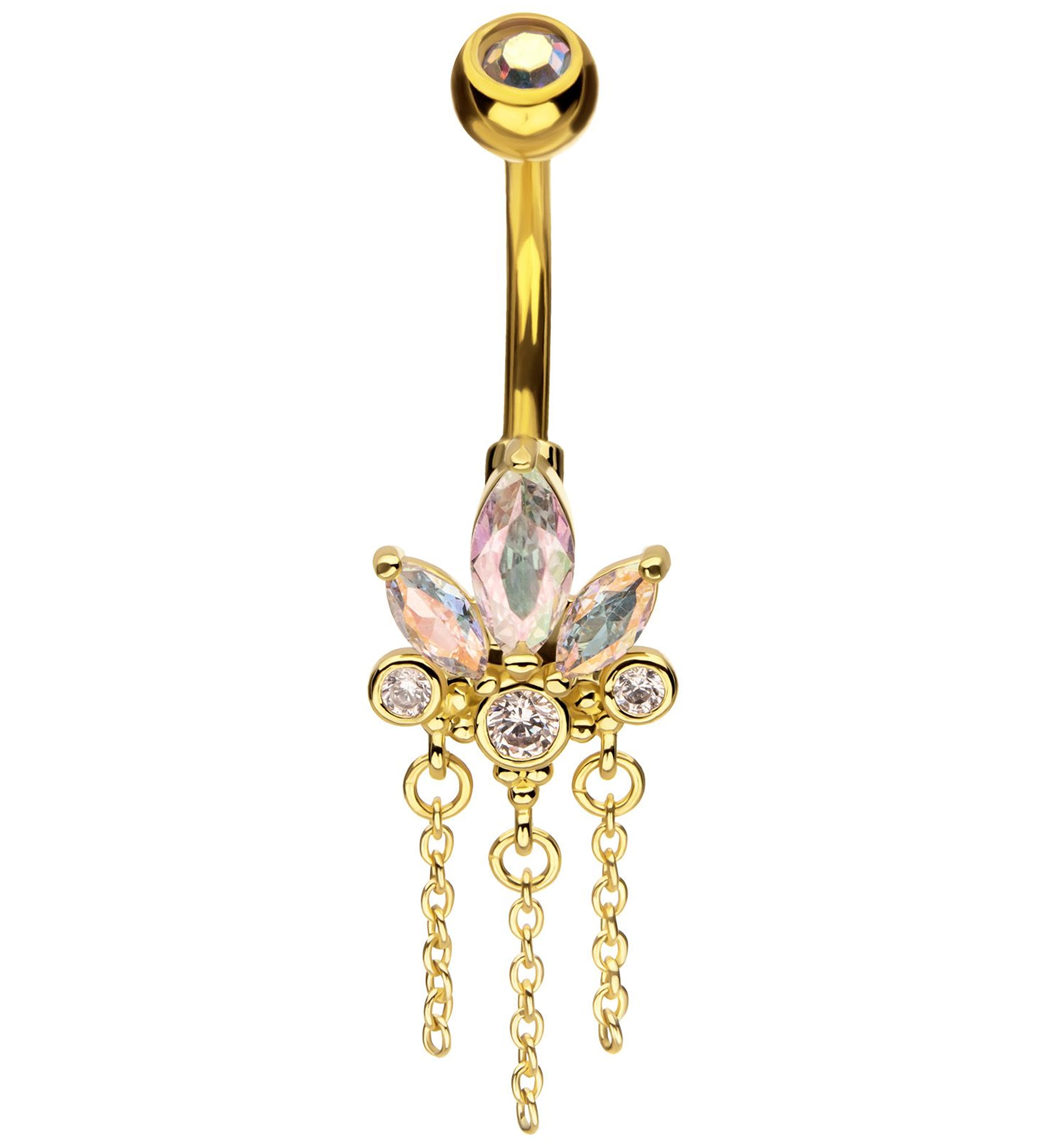 Gold PVD Lotus Flower Rainbow Aurora CZ Triple Chain Dangle Stainless