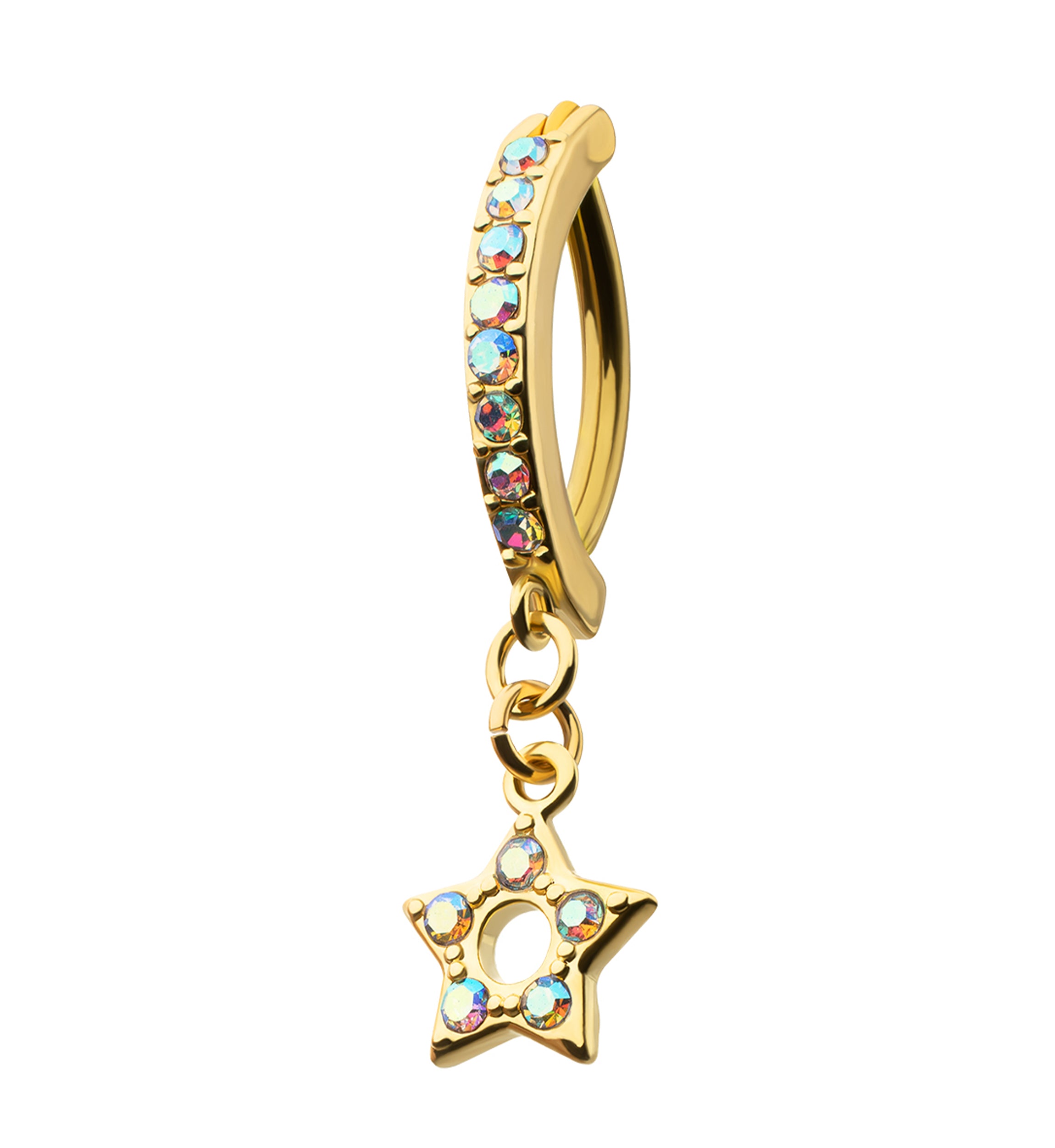 Gold PVD Lucky Star Rainbow Aurora CZ Dangle Stainless Steel Hinged Belly Button Ring