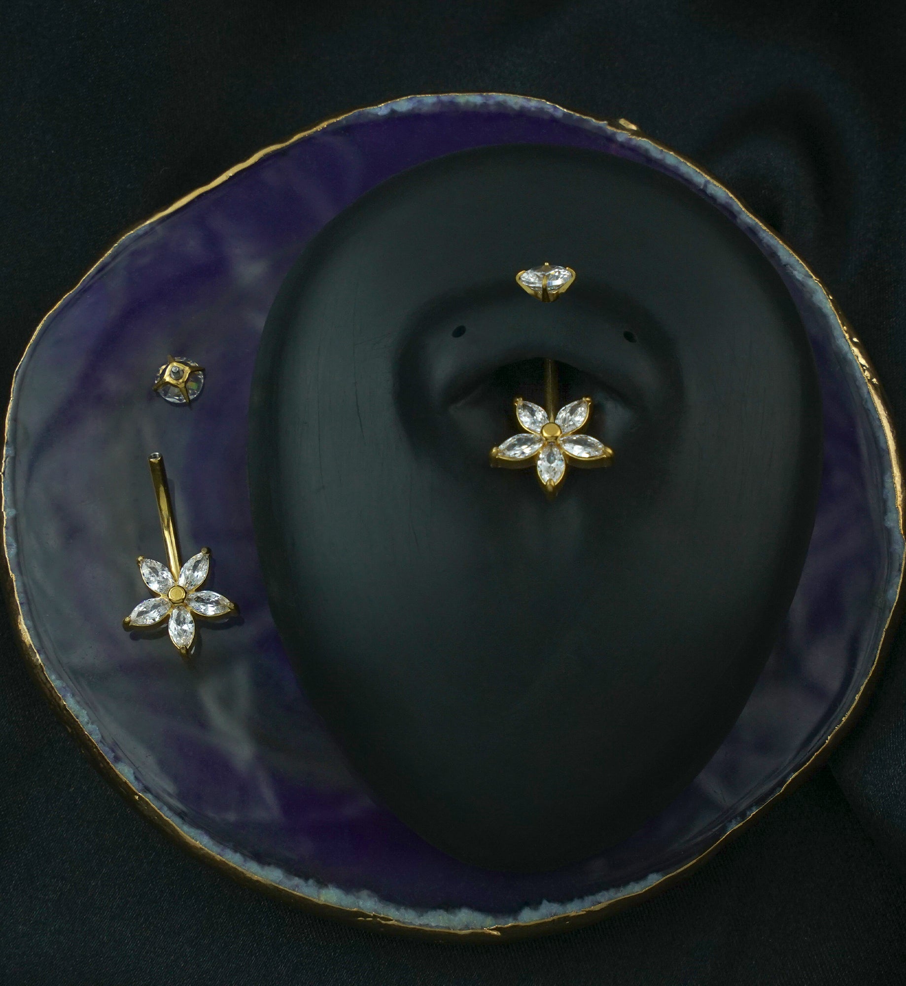 Gold PVD Marquise Flower Clear CZ Internally Threaded Stainless Steel Belly Button Ring