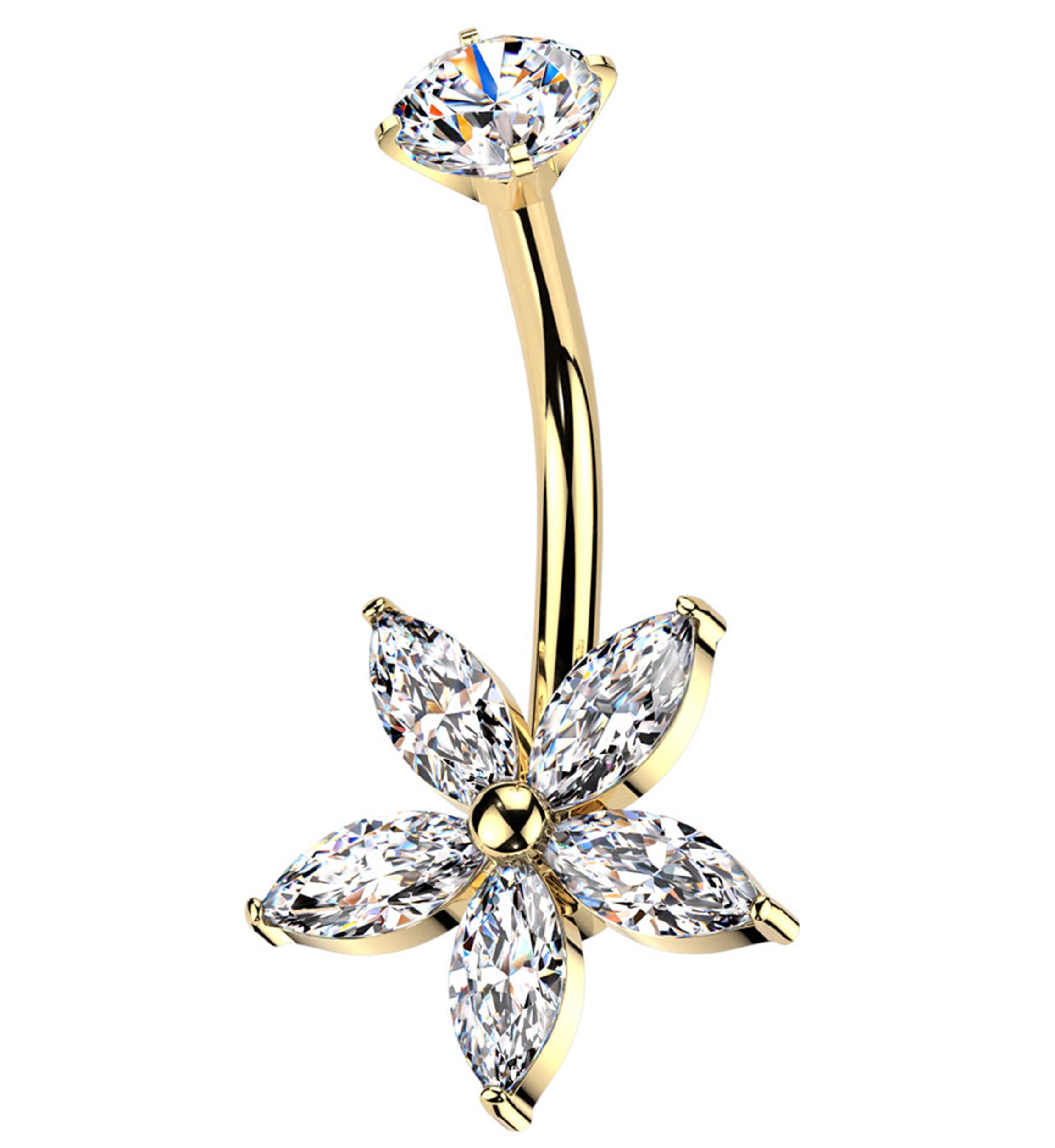 Gold PVD Marquise Flower Clear CZ Internally Threaded Stainless Steel Belly Button Ring