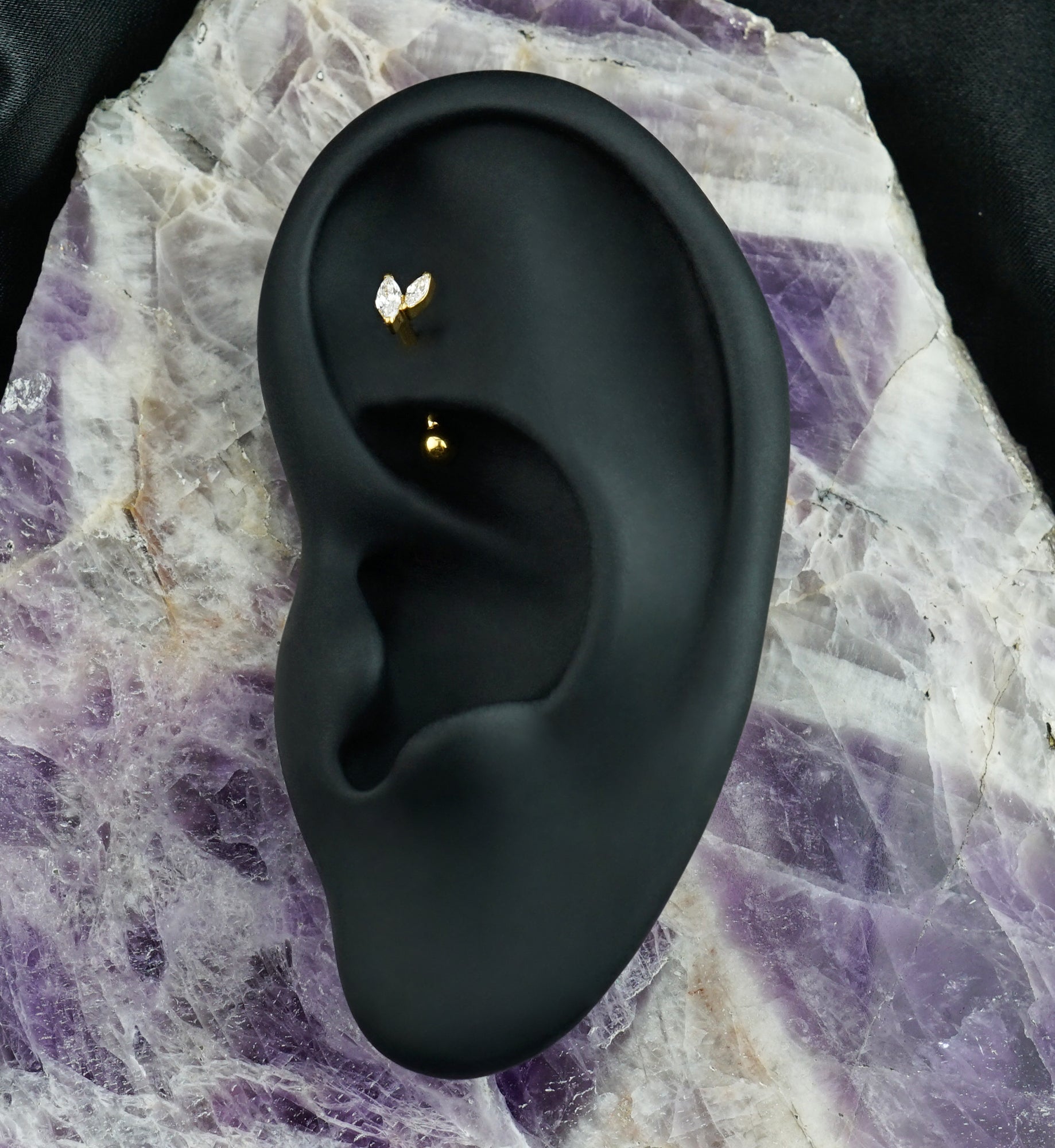 Gold PVD Marquise Frond CZ Titanium Threadless Curved Barbell