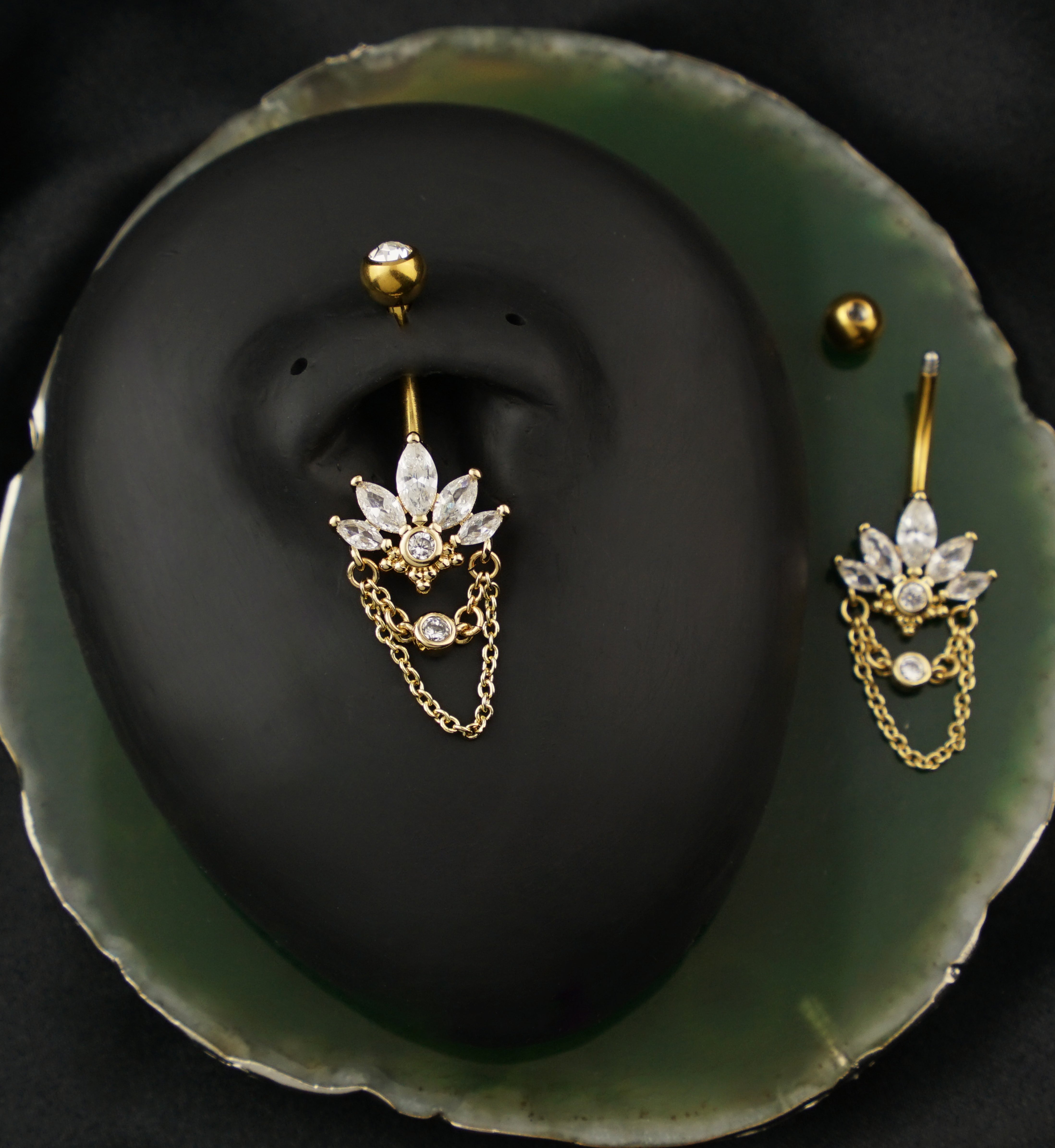 Gold PVD Marquise Lotus Clear CZ Dangle Chain Stainless Steel Belly Button Ring