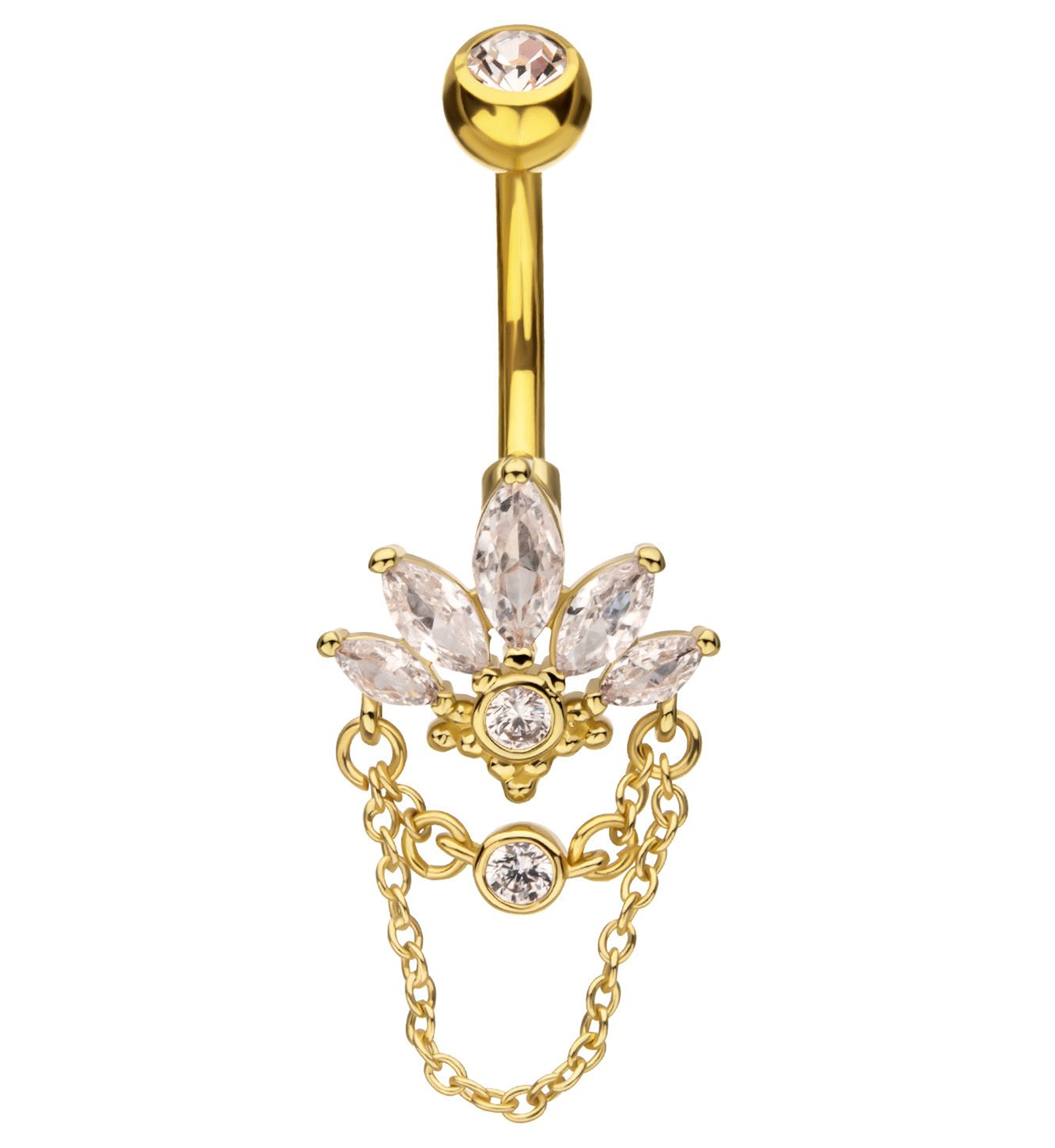 Gold PVD Marquise Lotus Clear CZ Dangle Chain Stainless Steel Belly Button Ring
