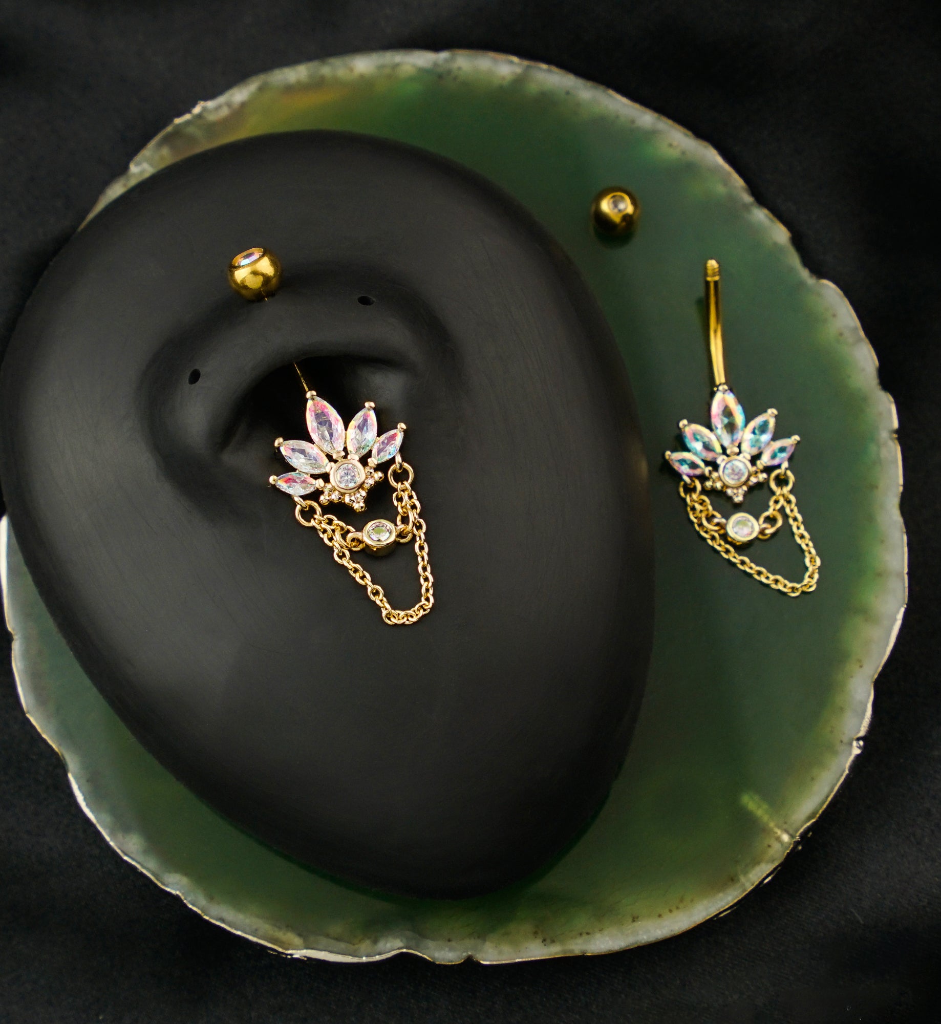 Gold PVD Marquise Lotus Rainbow Aurora CZ Dangle Chain Stainless Steel Belly Button Ring